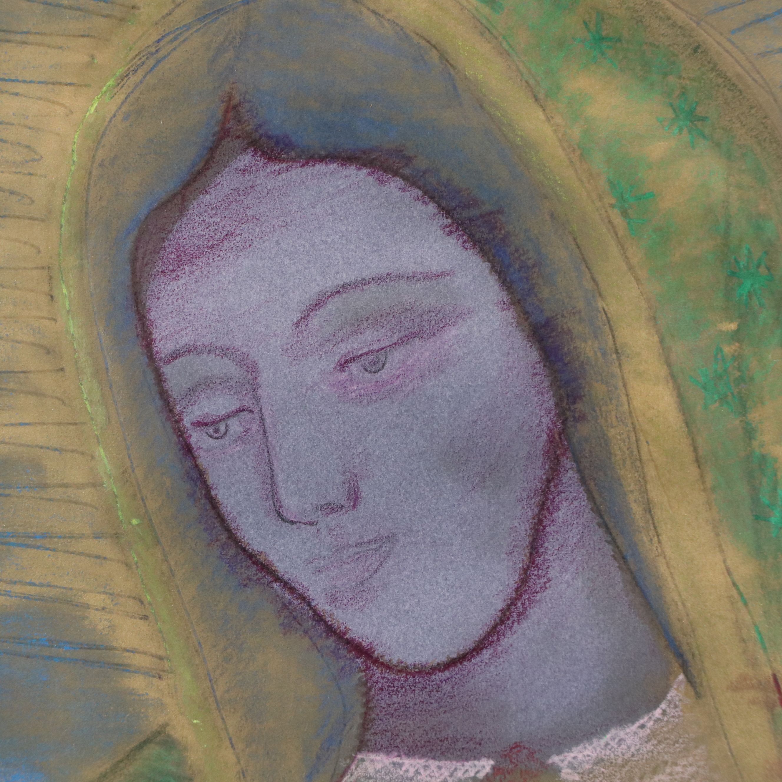 Mixed Media Drawing of Virgin Mary with Metal Milagro Heart, 1991