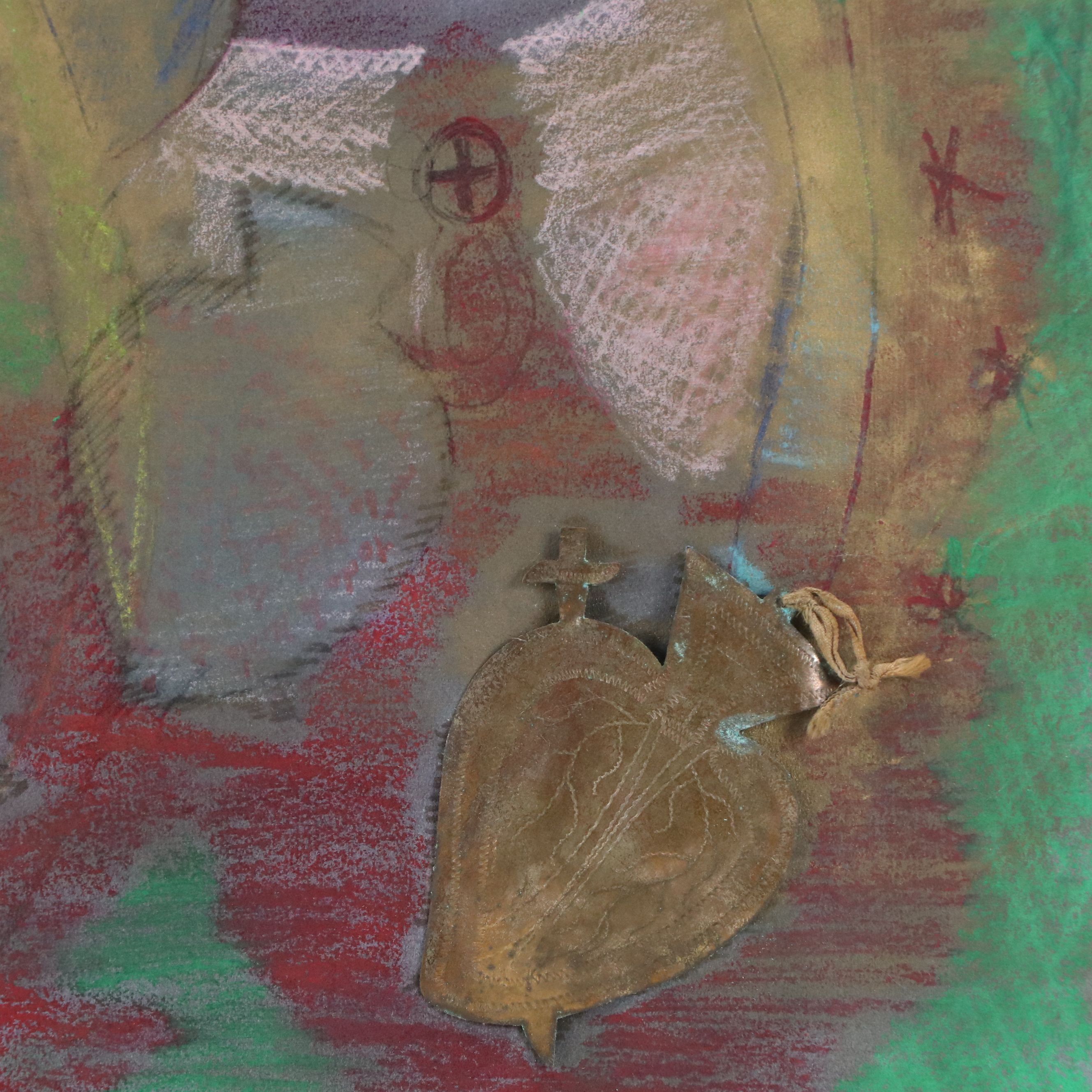 Mixed Media Drawing of Virgin Mary with Metal Milagro Heart, 1991