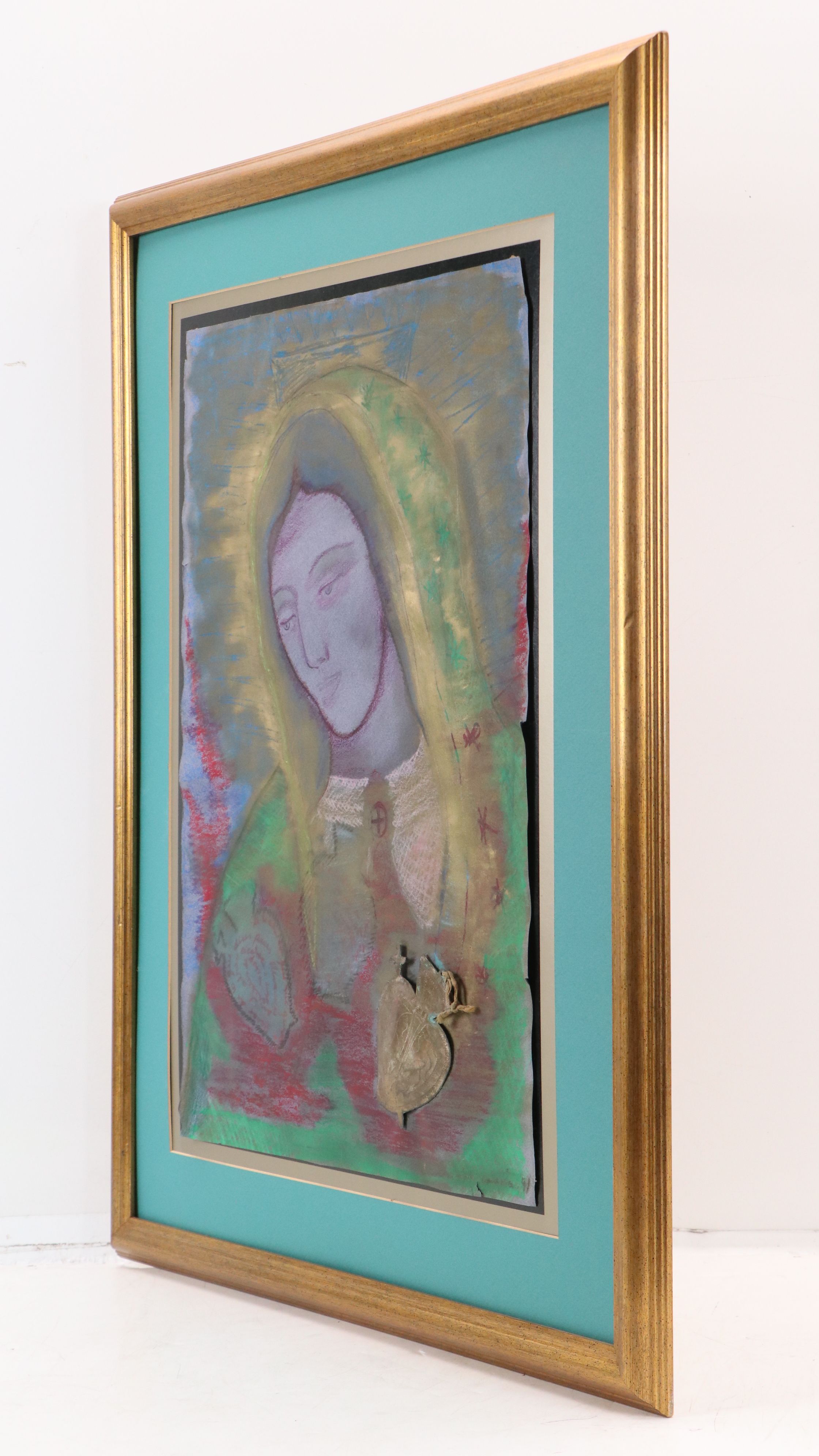 Mixed Media Drawing of Virgin Mary with Metal Milagro Heart, 1991