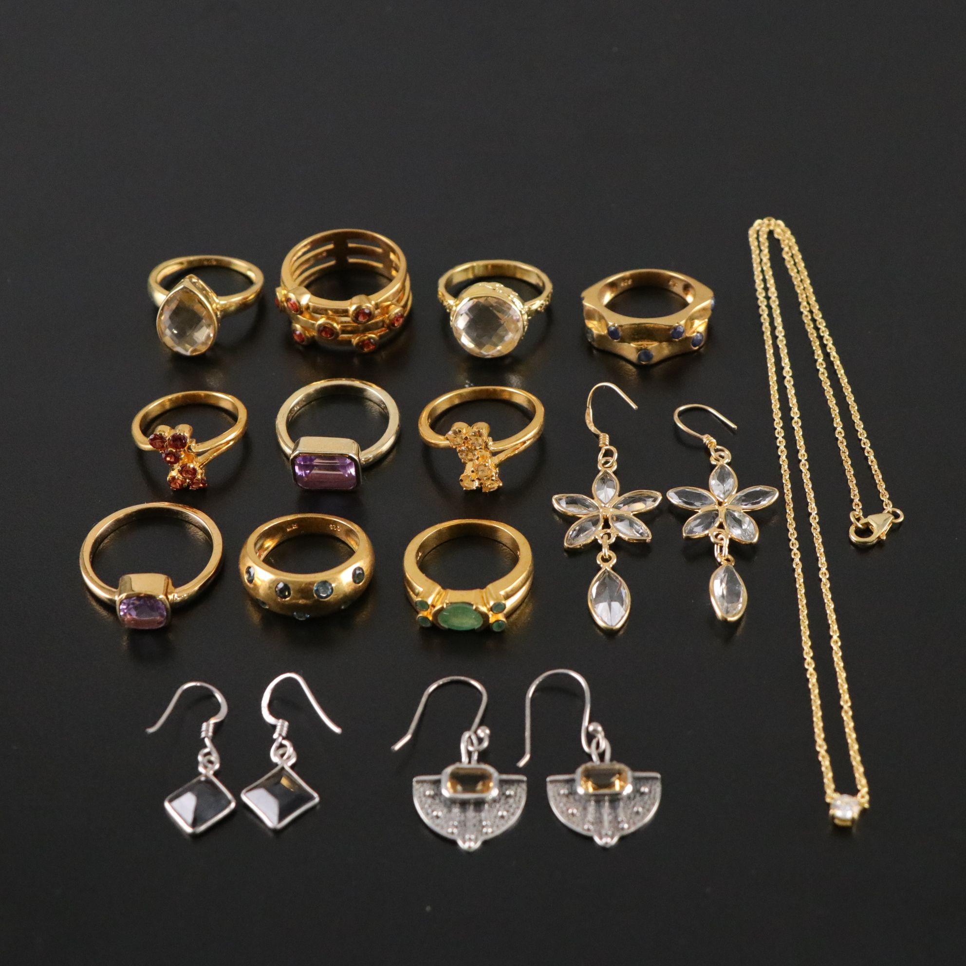 14 Assorted Sterling Silver Rings, Necklaces and Earrings