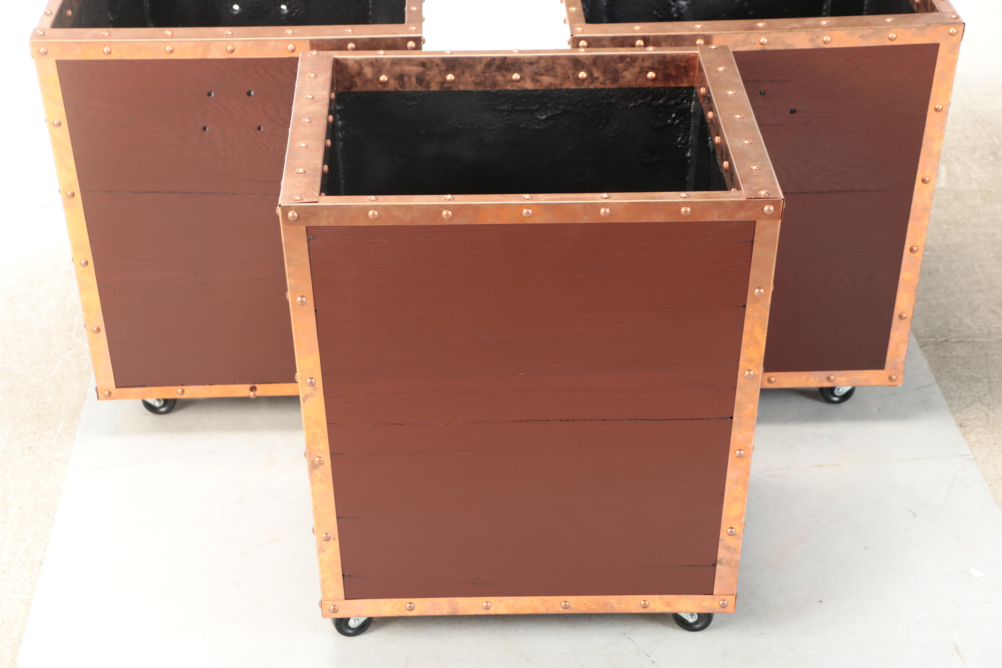 Set of Three Copper Tone Metal Trimmed Wood Planters