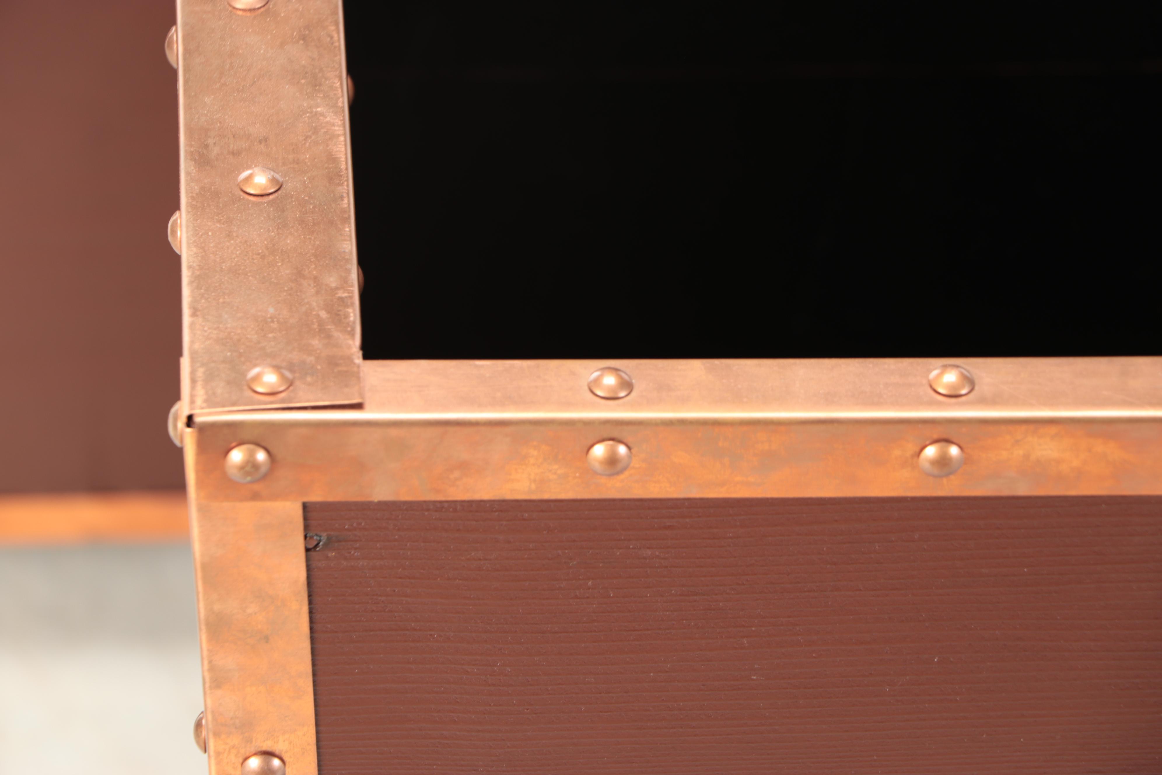 Set of Three Copper Tone Metal Trimmed Wood Planters