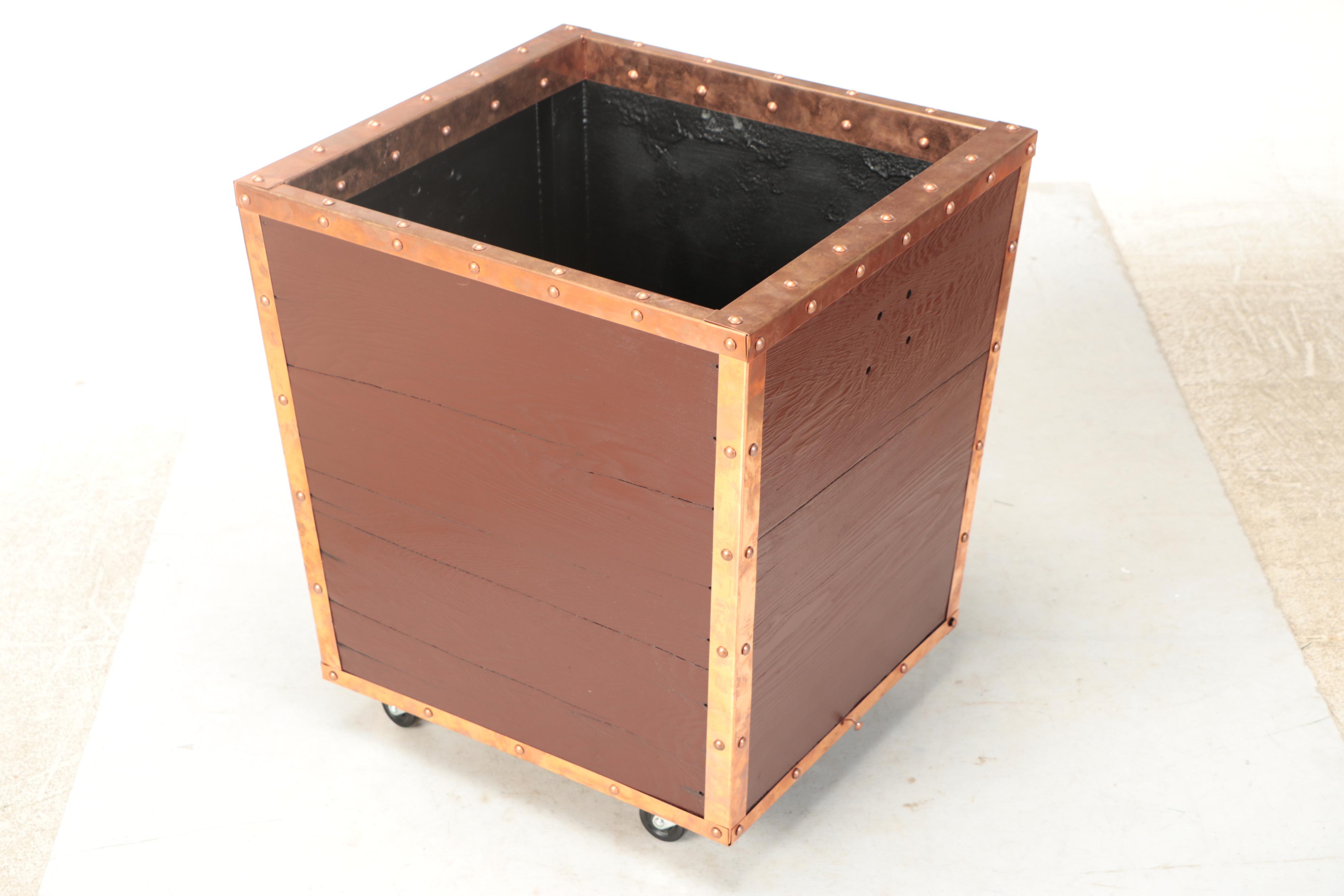 Set of Three Copper Tone Metal Trimmed Wood Planters