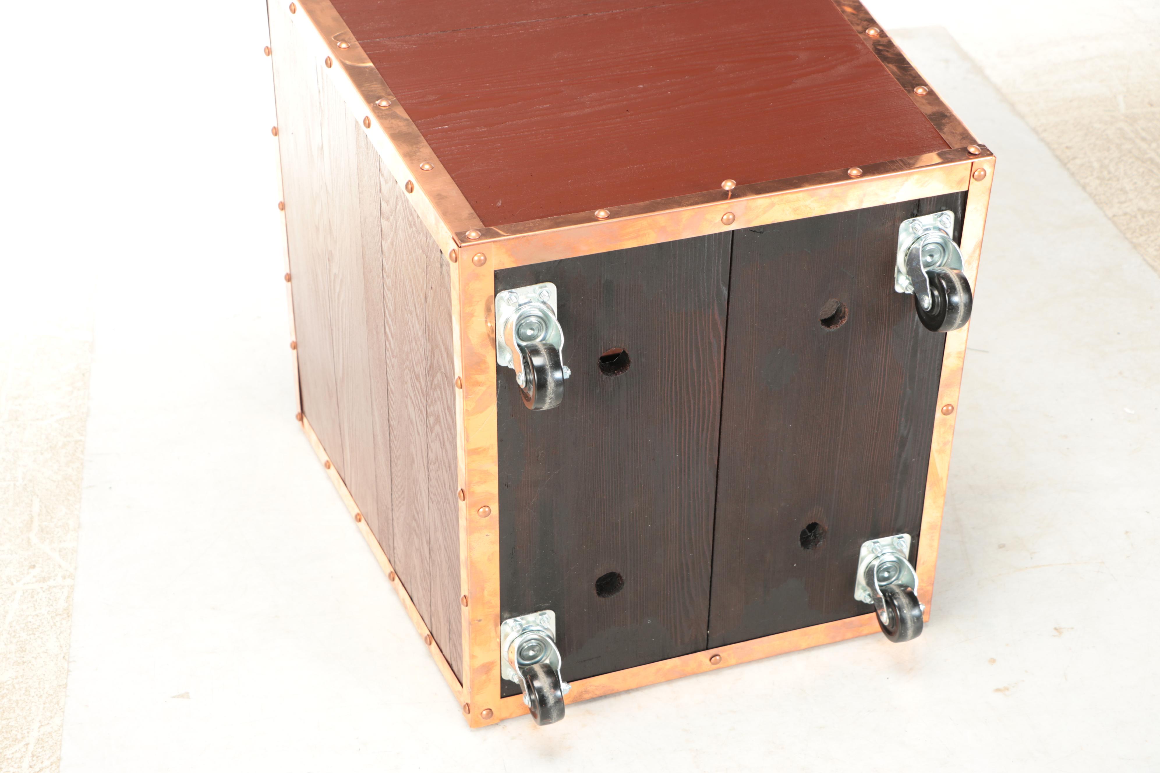 Set of Three Copper Tone Metal Trimmed Wood Planters