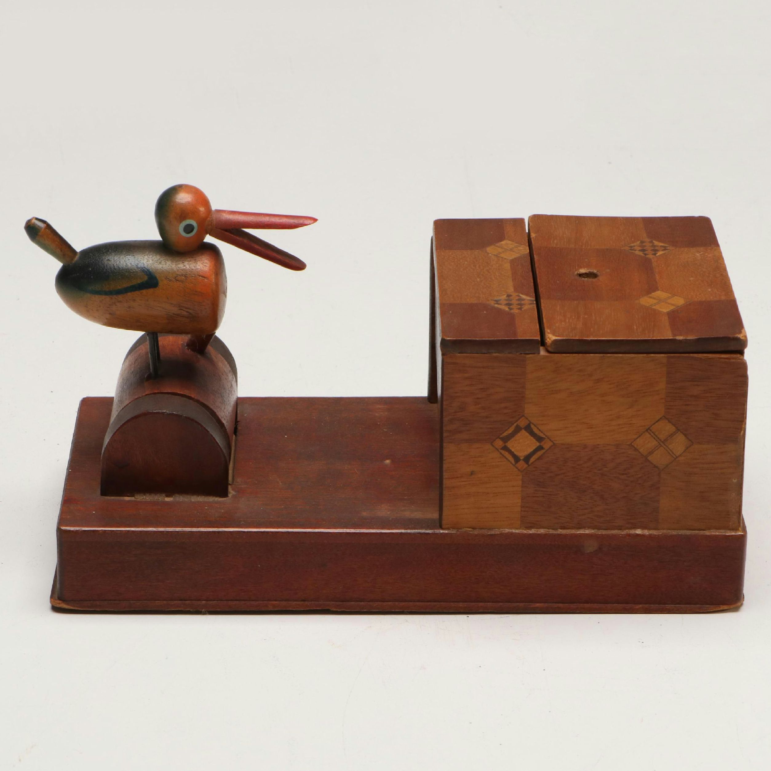Folk Art Bobbing Bird Marquetry Wood Mechanical Cigarette Dispenser