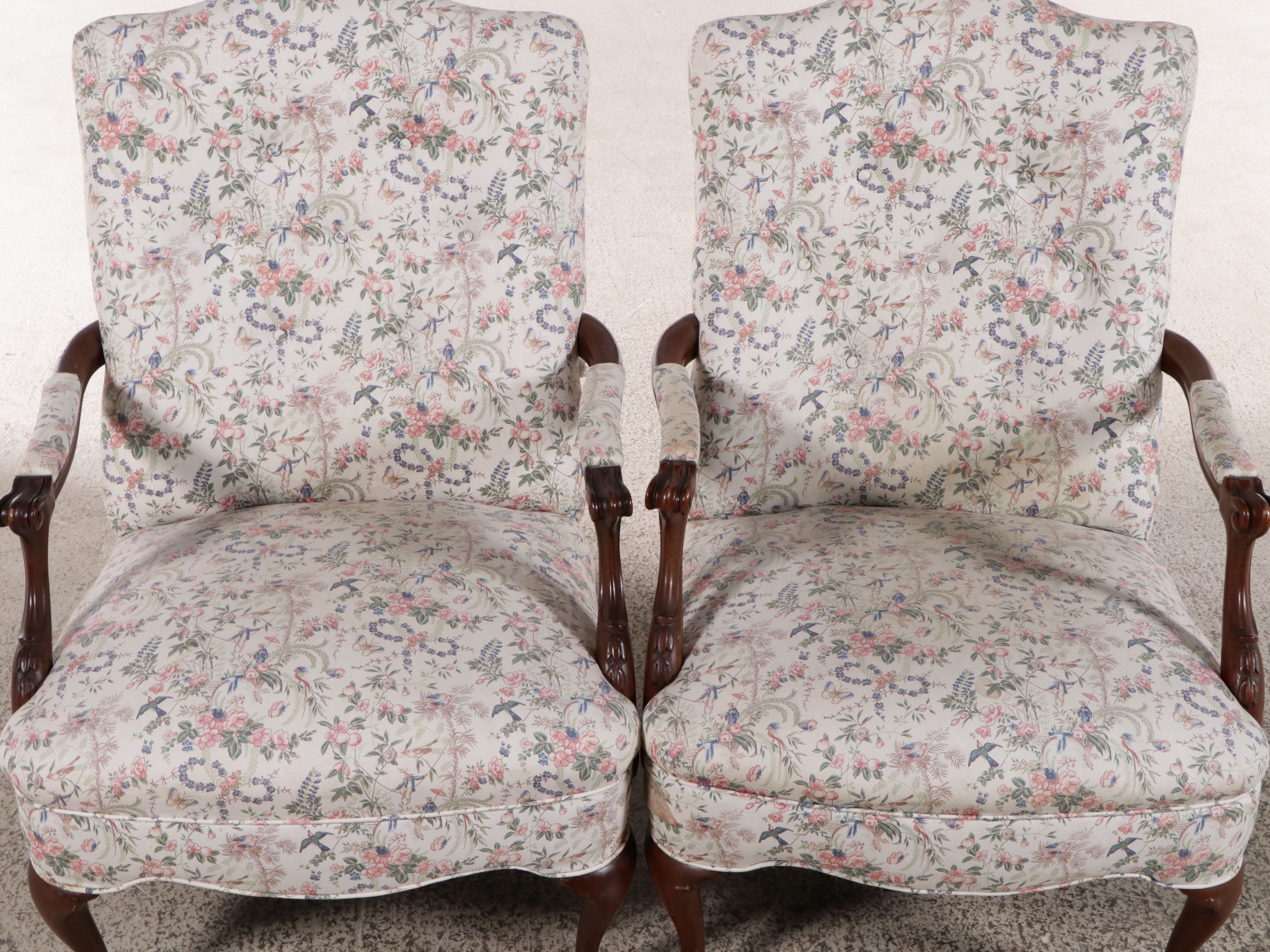 Pair of Queen Anne Style Upholstered Wood Armchairs, Late 20th Century