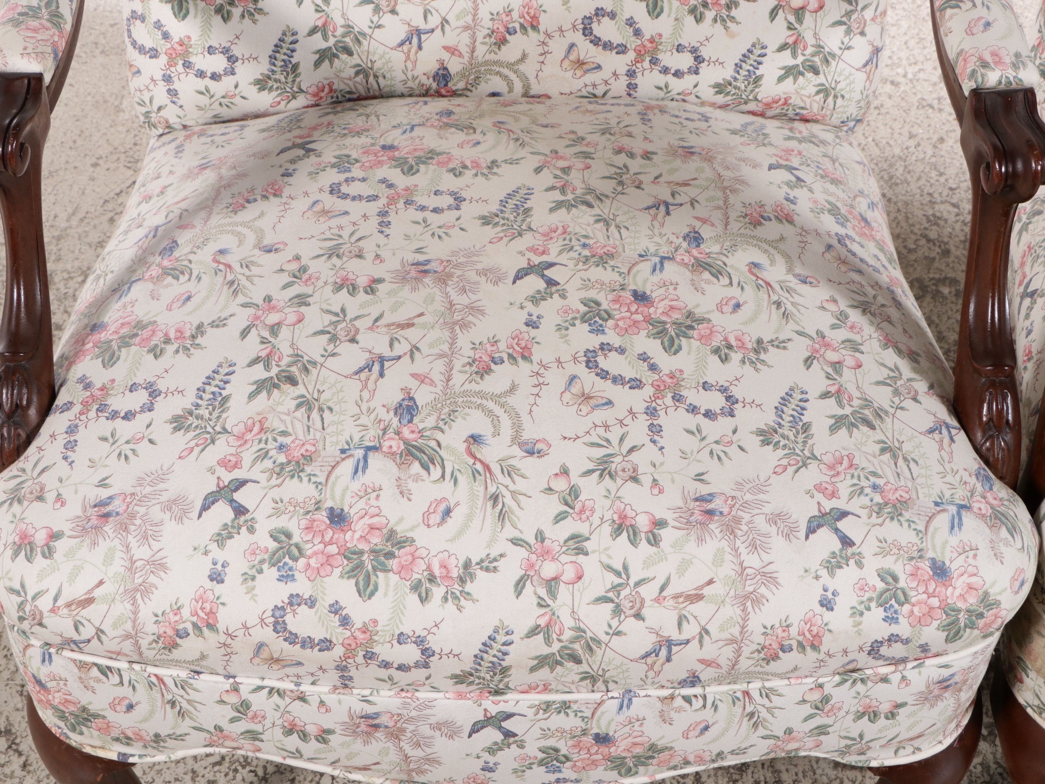 Pair of Queen Anne Style Upholstered Wood Armchairs, Late 20th Century