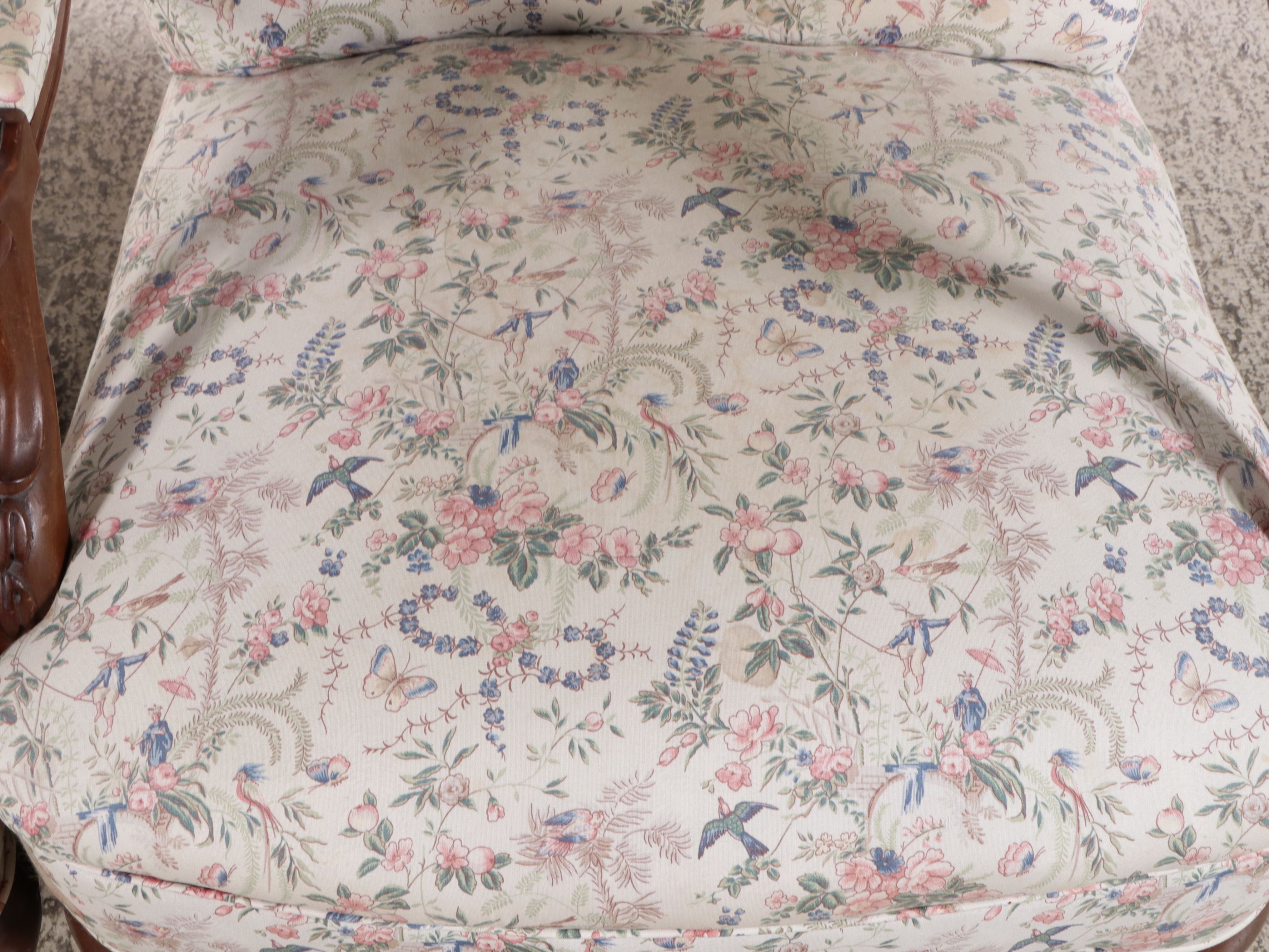 Pair of Queen Anne Style Upholstered Wood Armchairs, Late 20th Century