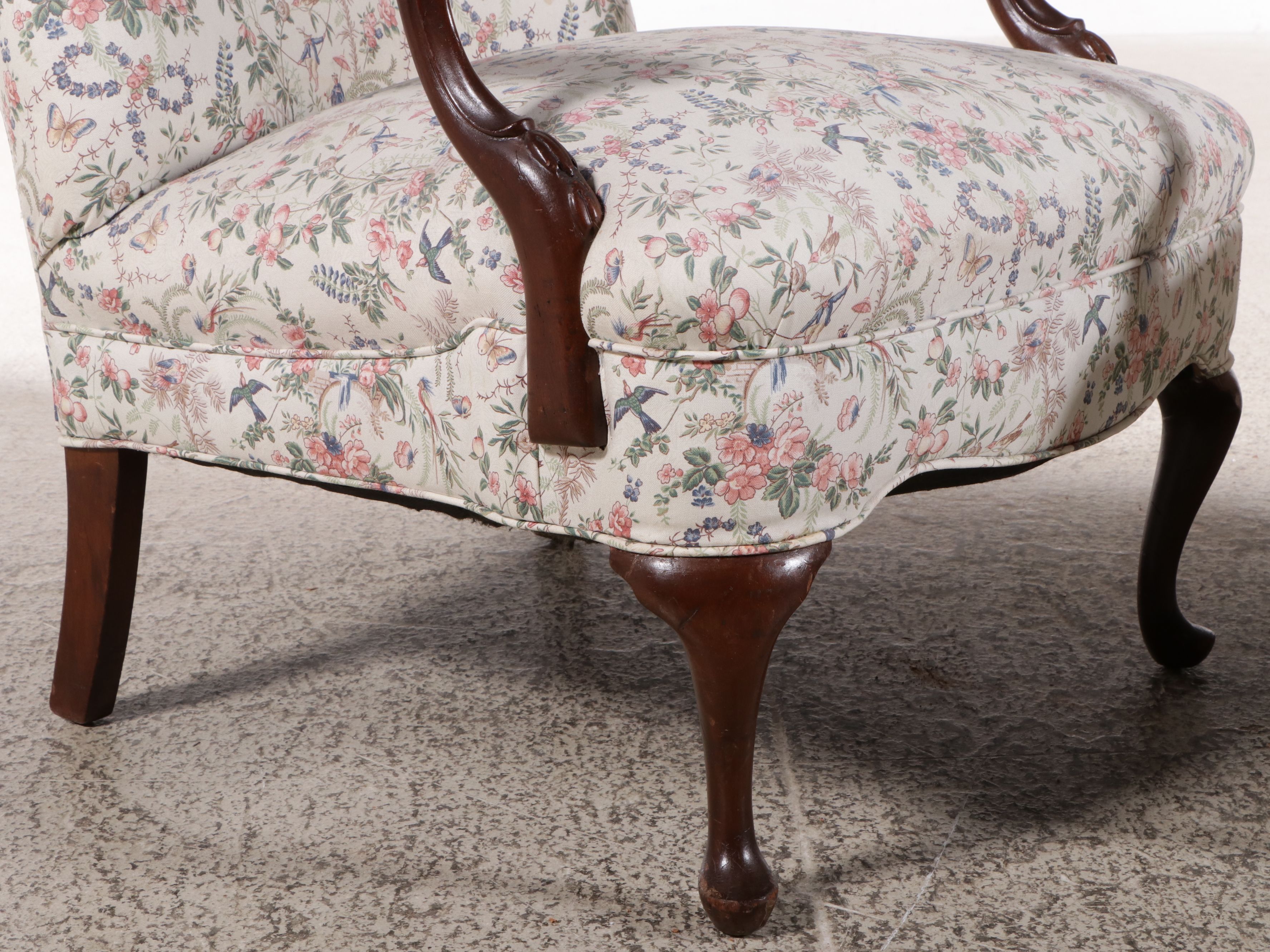 Pair of Queen Anne Style Upholstered Wood Armchairs, Late 20th Century