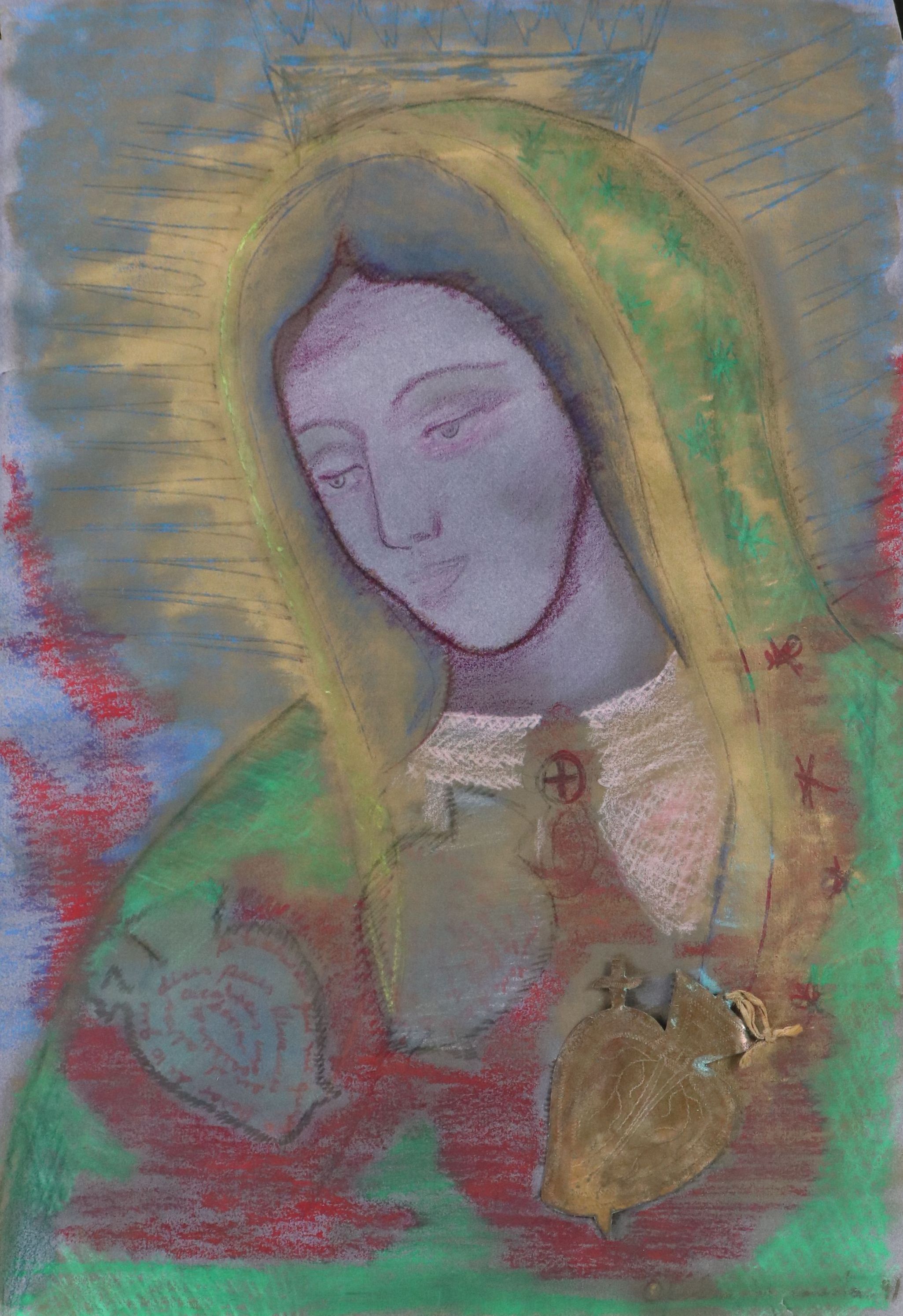 Mixed Media Drawing of Virgin Mary with Metal Milagro Heart, 1991