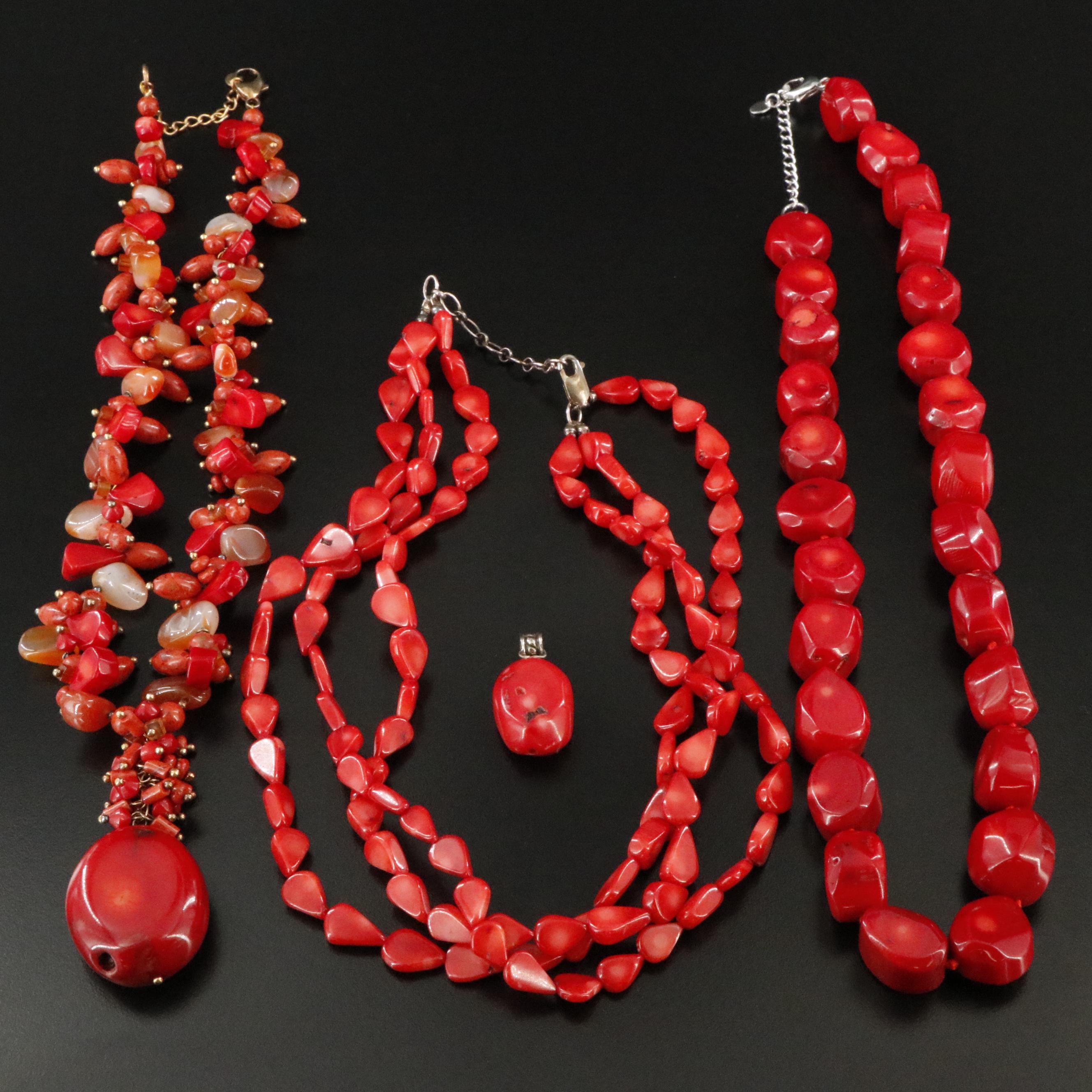 Coral Necklaces with Sterling Clasps, Pendant and Agate