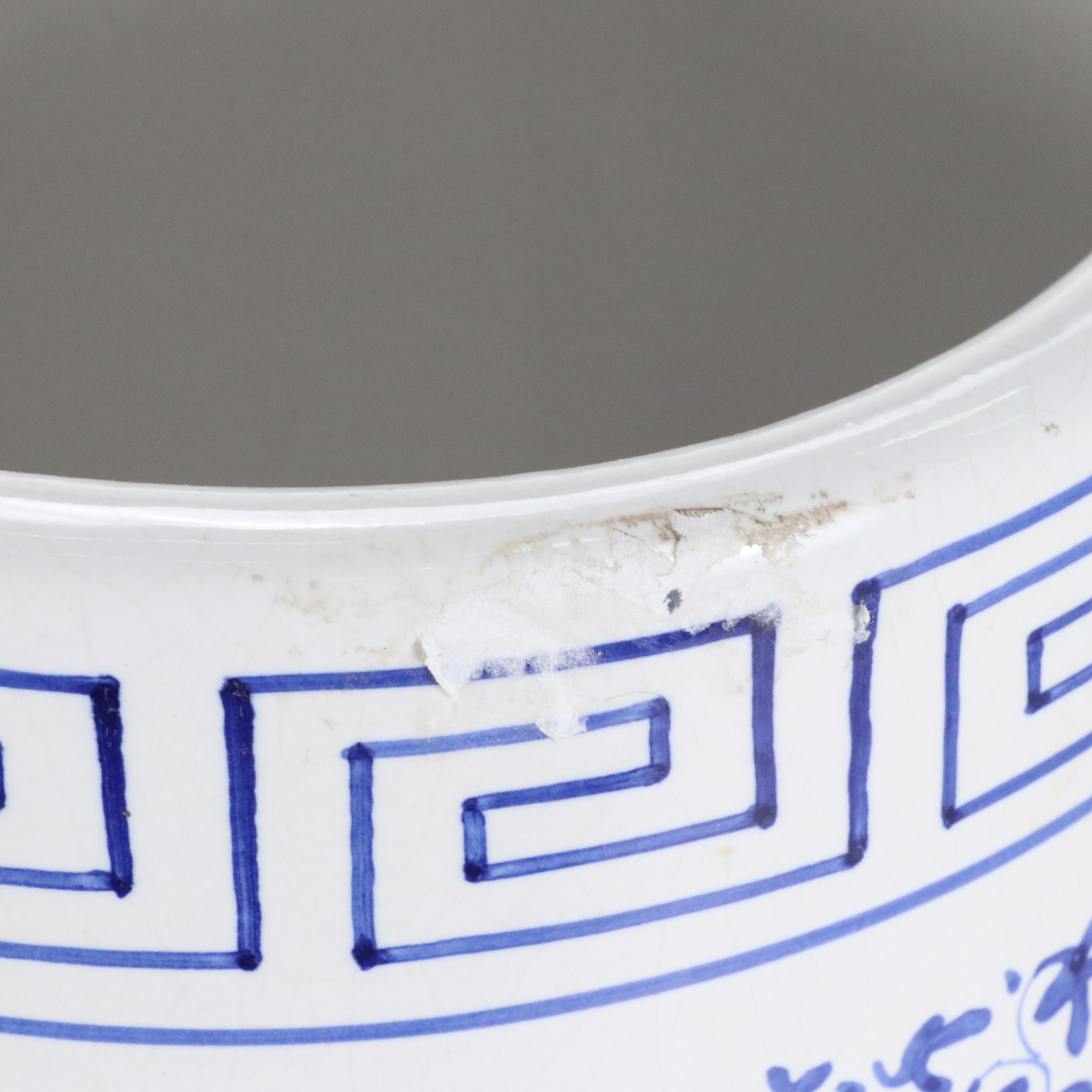 Chinese Chrysanthemum and Vine Porcelain Cylinder Vase and Stand