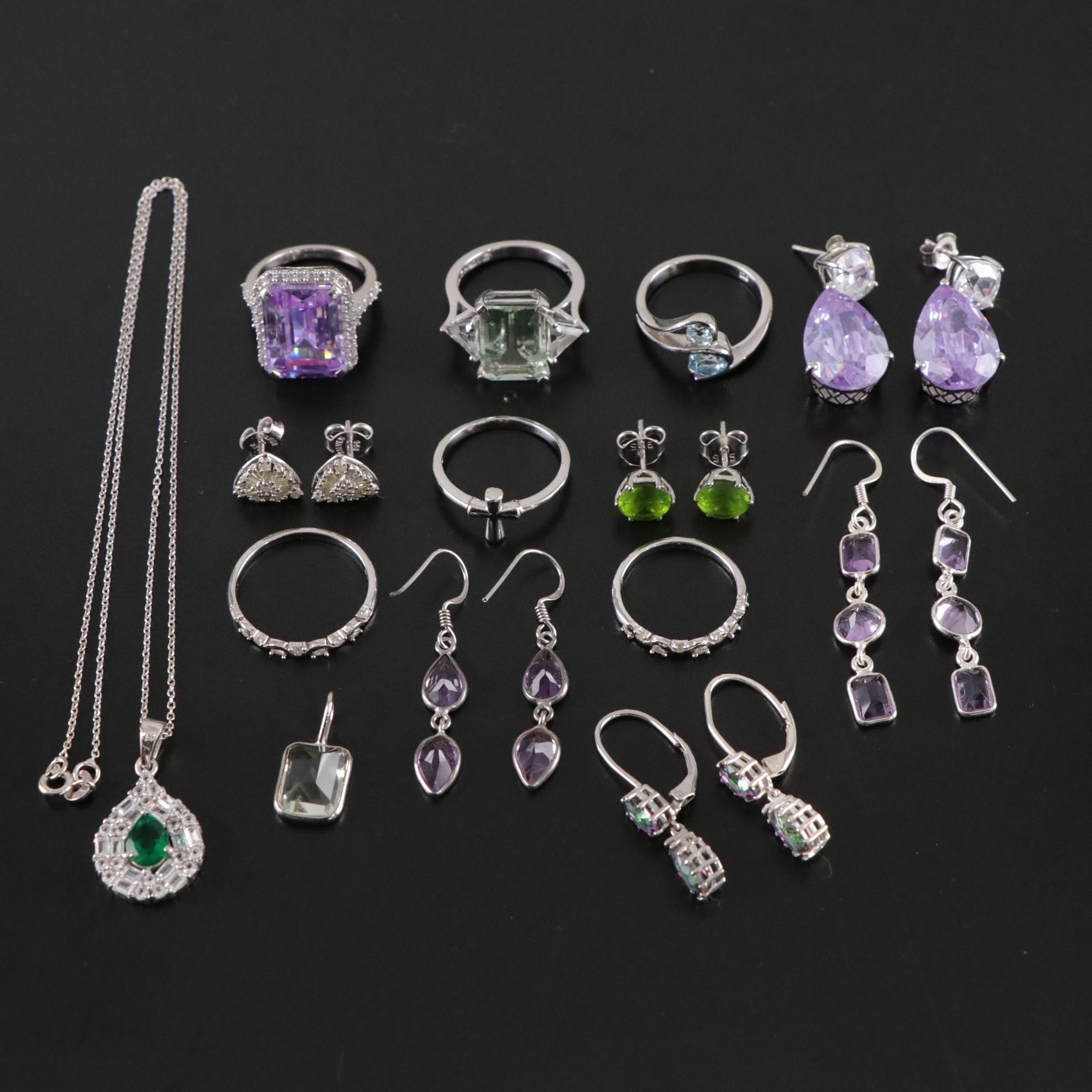 14 Assorted Sterling Silver Rings, Necklaces, Earrings, and Pendants