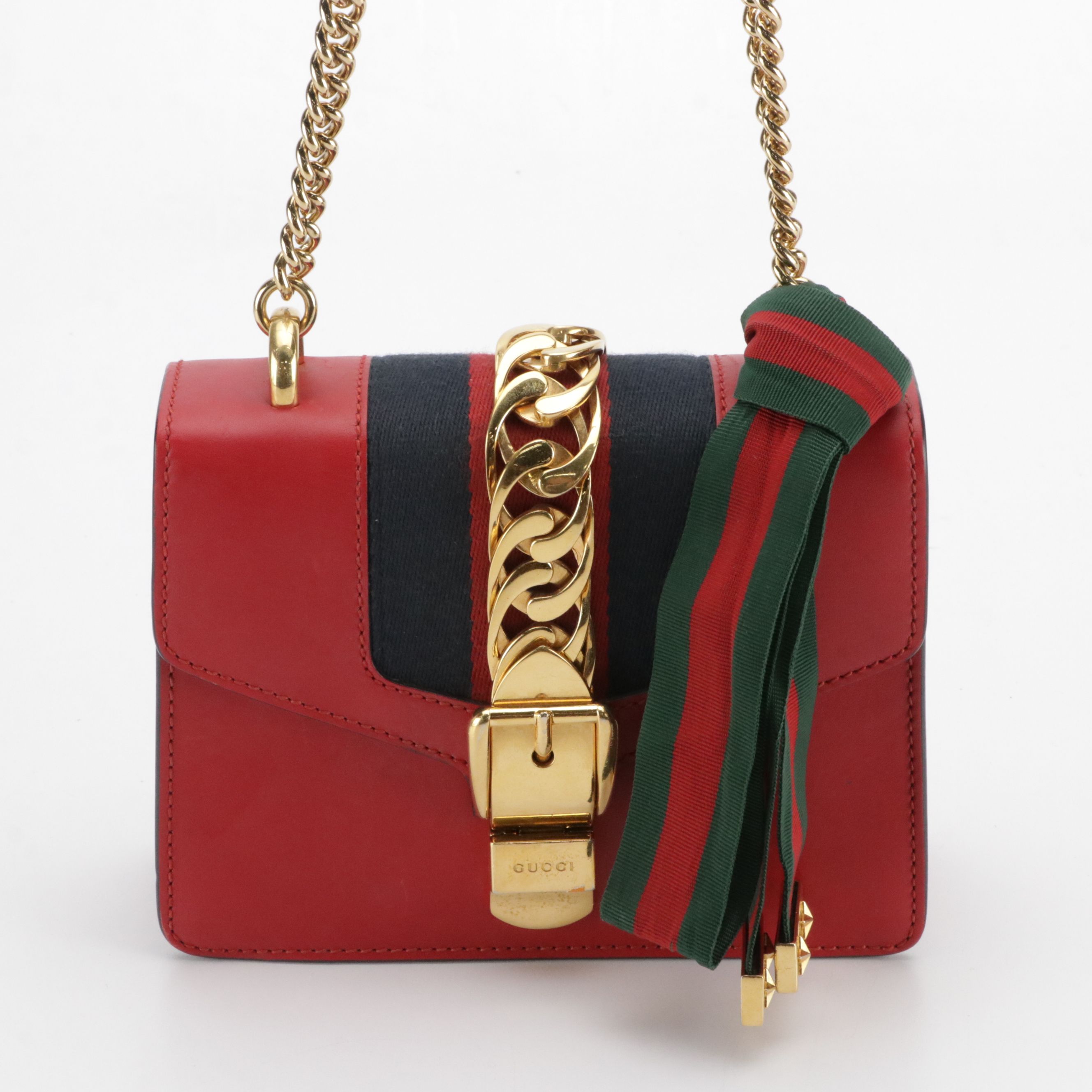 Gucci Small Sylvie Chain Link Shoulder Bag in Web Striped Red Calfskin Leather