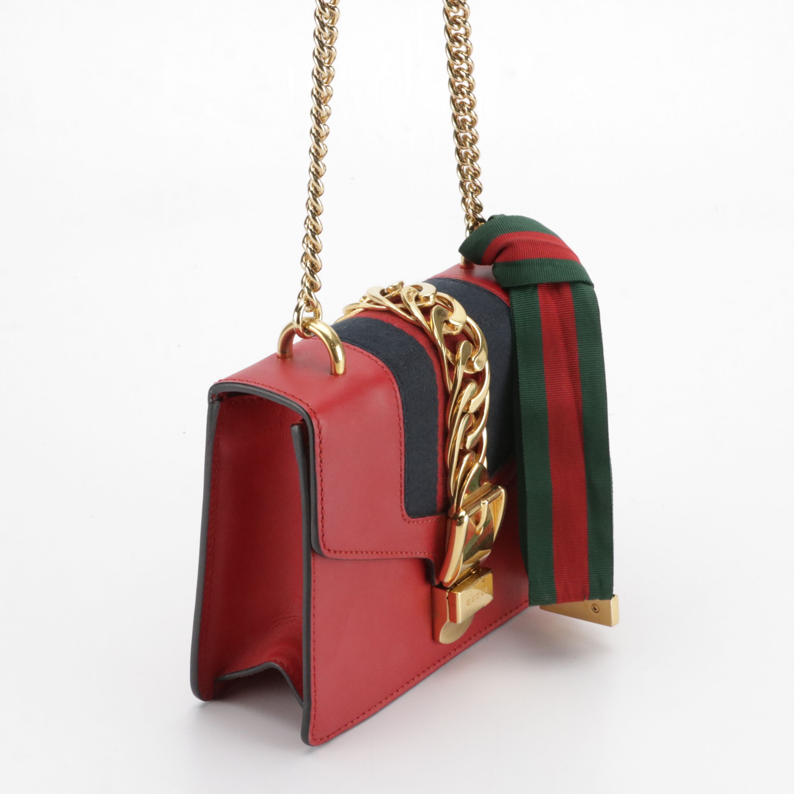 Gucci Small Sylvie Chain Link Shoulder Bag in Web Striped Red Calfskin Leather