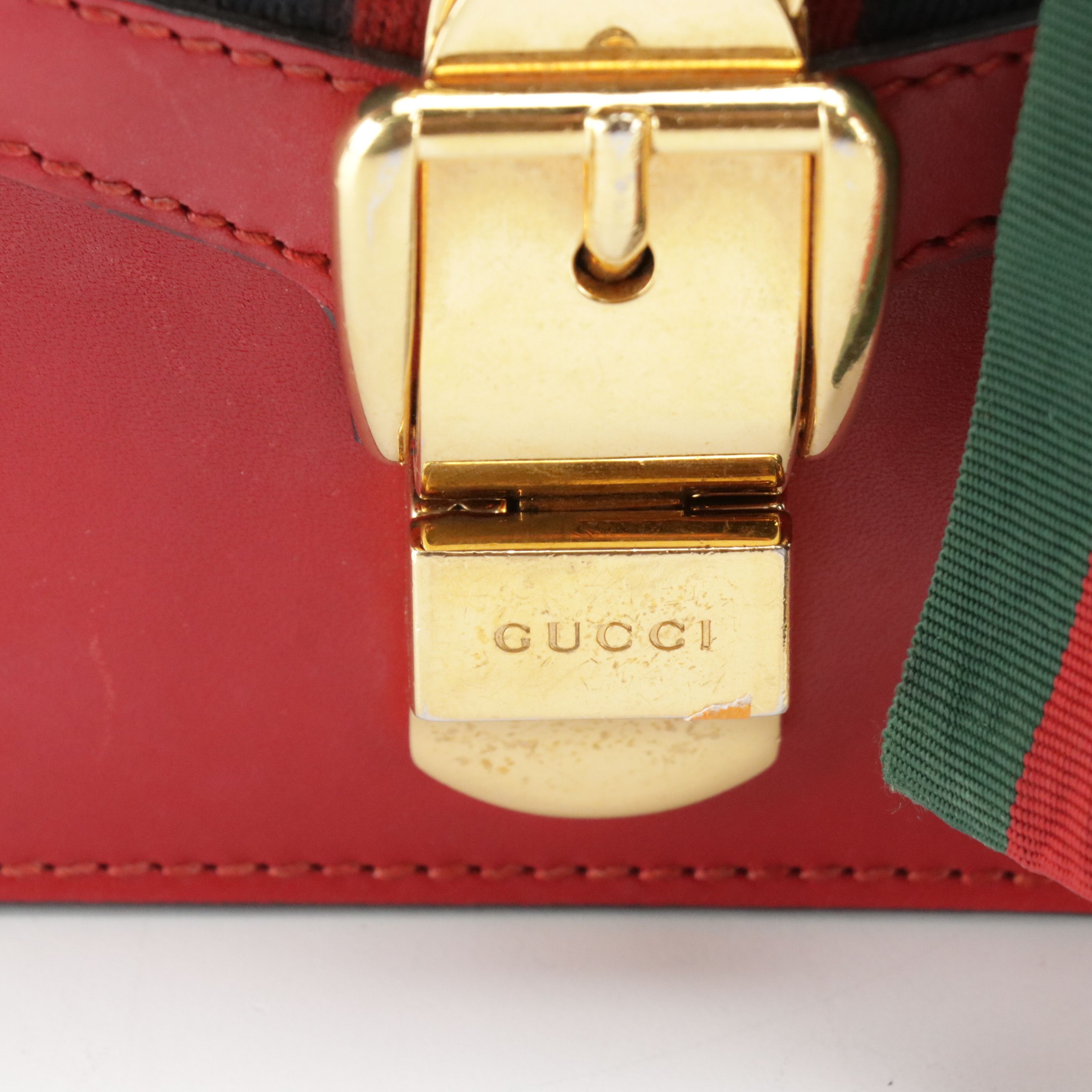 Gucci Small Sylvie Chain Link Shoulder Bag in Web Striped Red Calfskin Leather