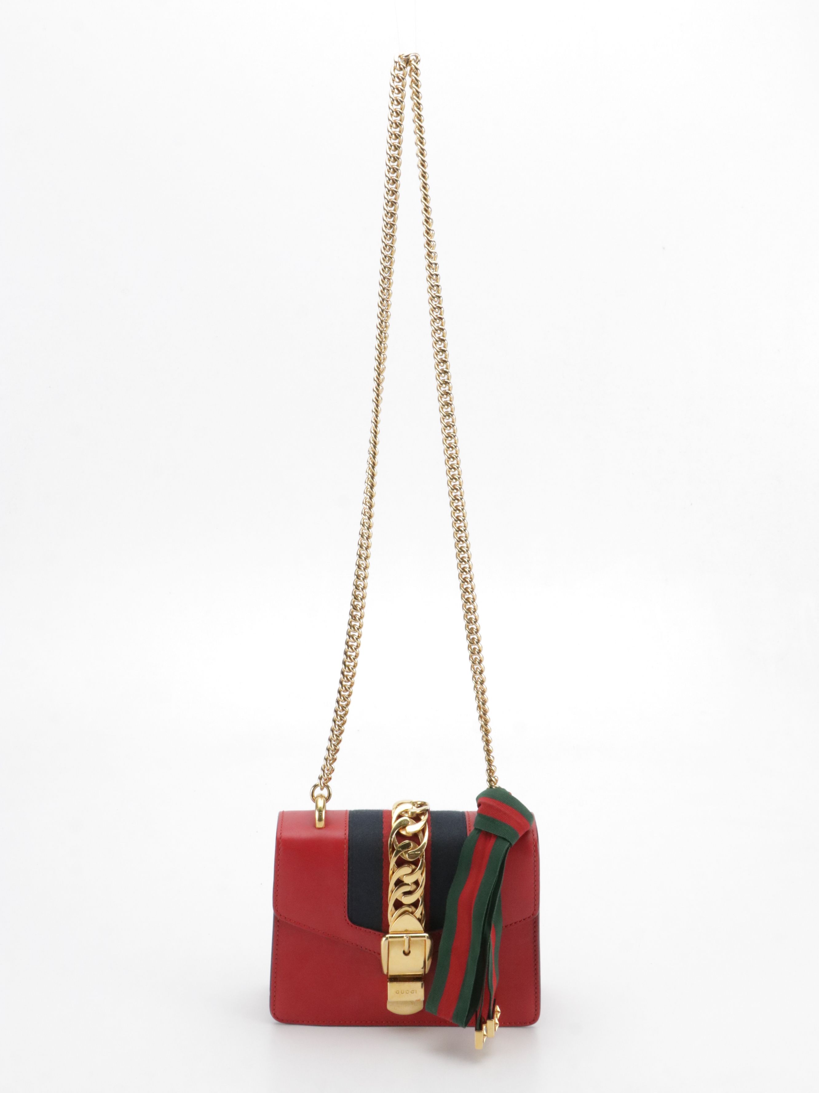 Gucci Small Sylvie Chain Link Shoulder Bag in Web Striped Red Calfskin Leather