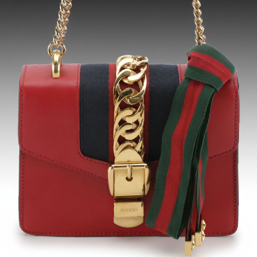 Gucci Small Sylvie Chain Link Shoulder Bag in Web Striped Red Calfskin Leather