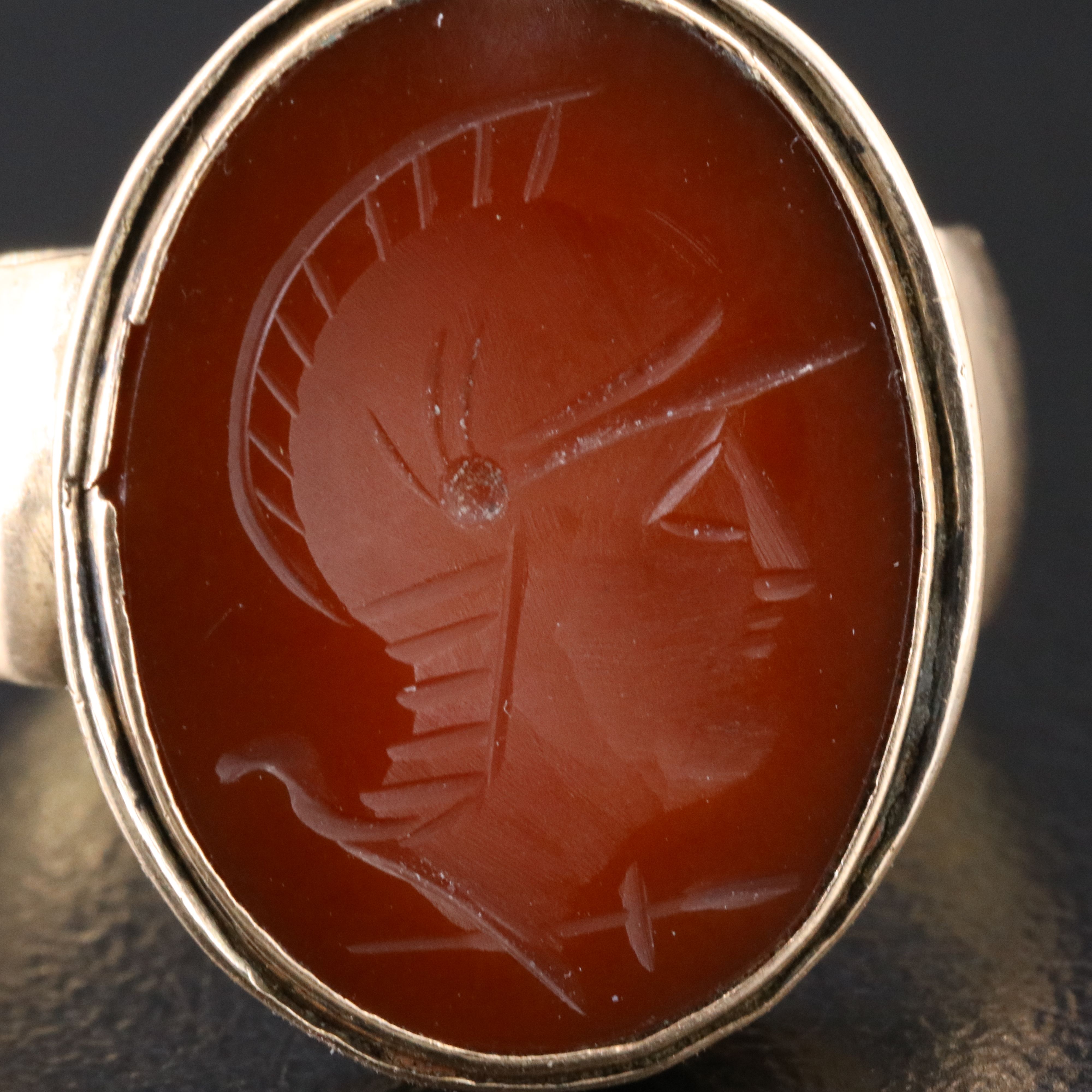 14K Carnelian Intaglio Roman Soldier Ring