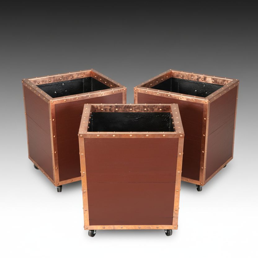 Set of Three Copper Tone Metal Trimmed Wood Planters