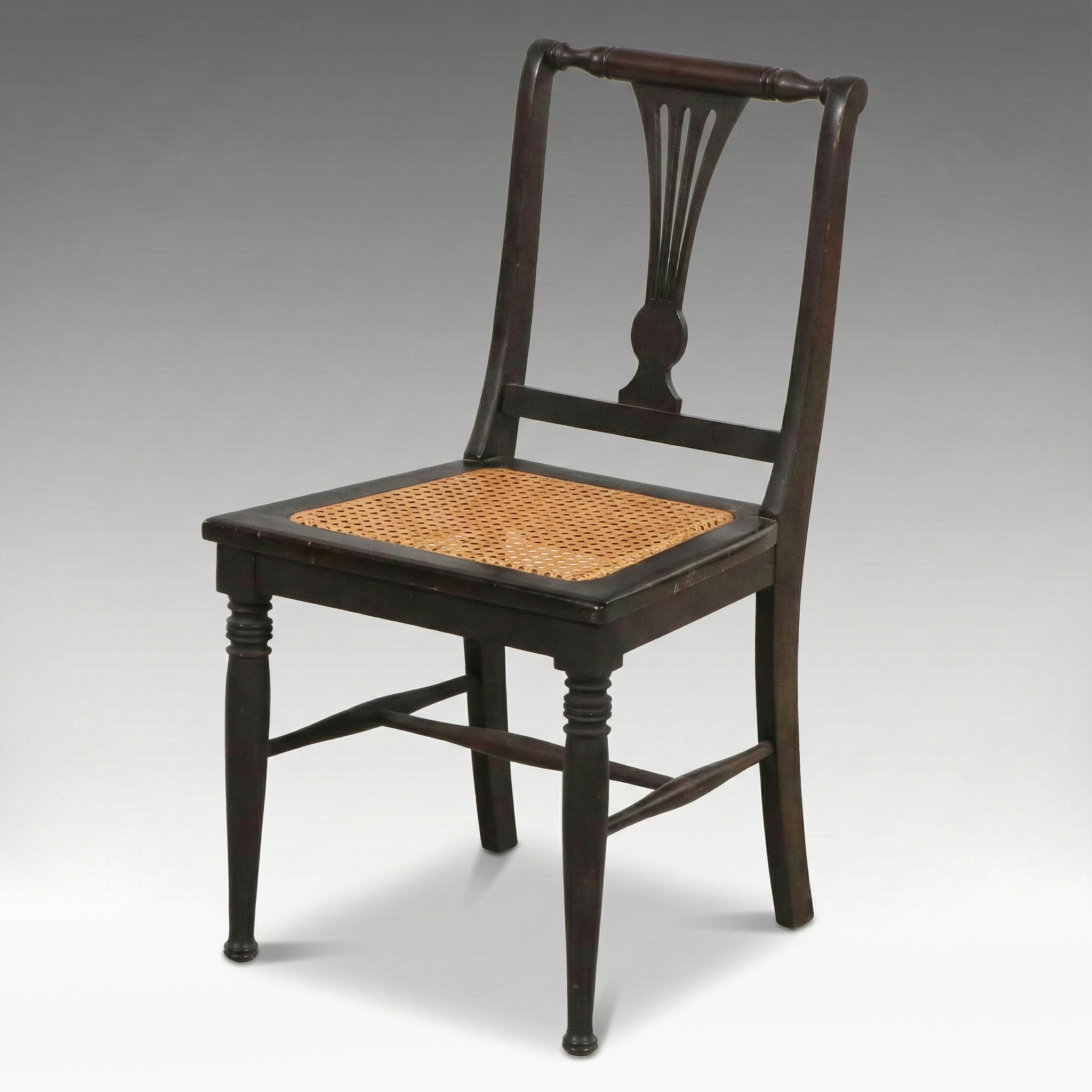 Sheraton Style Black-Painted Wood and Cane Side Chair, 19th Century