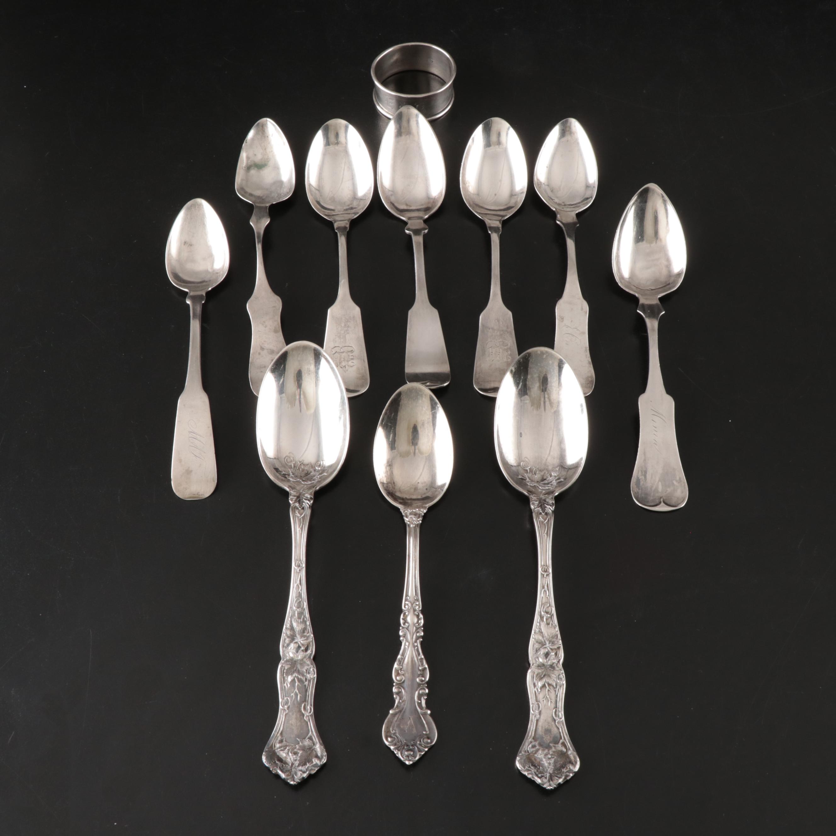 Monogrammed Napkin Ring with Other Sterling and Coin Silver Spoons