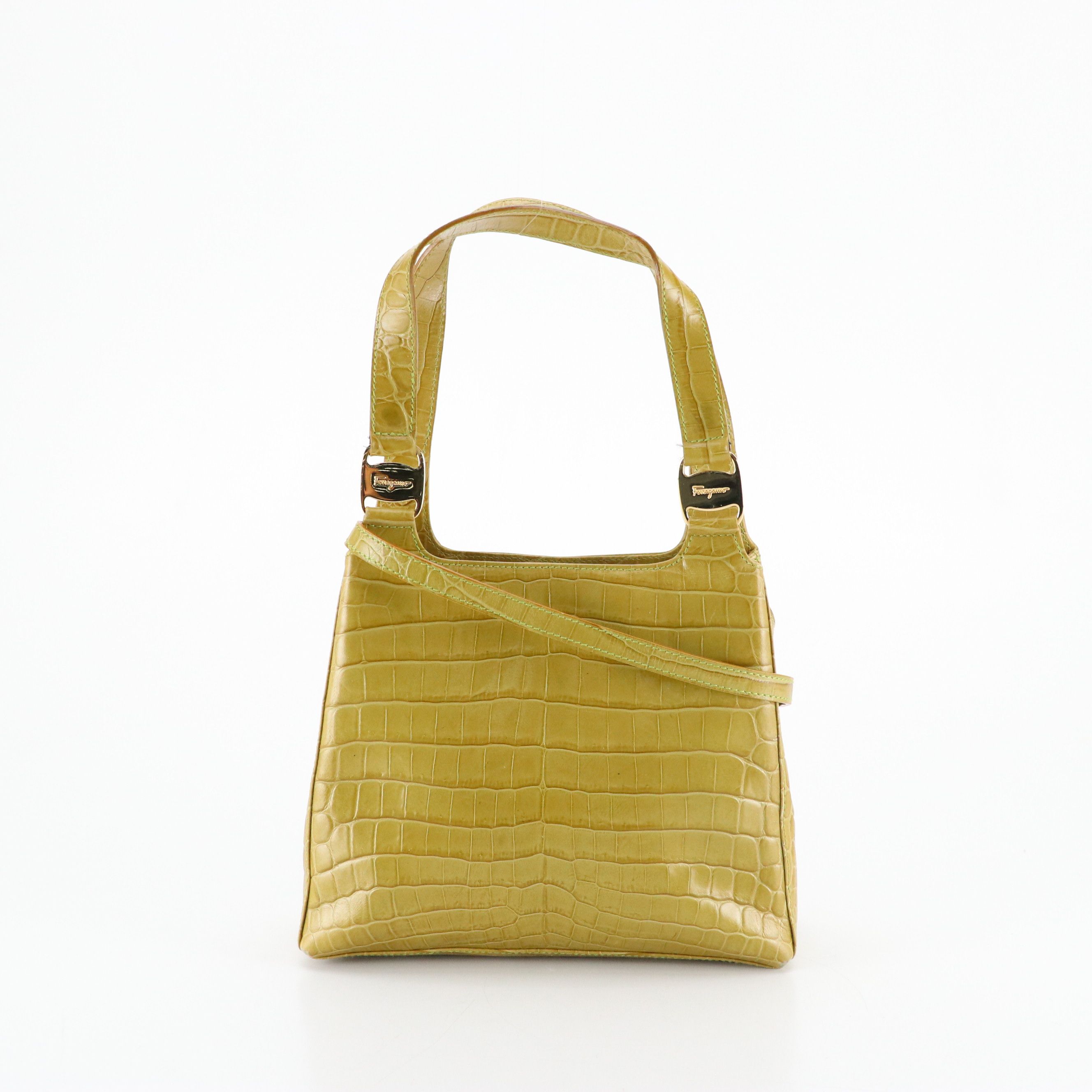 Salvatore Ferragamo Vara Handbag in Green Crocodile Embossed Leather