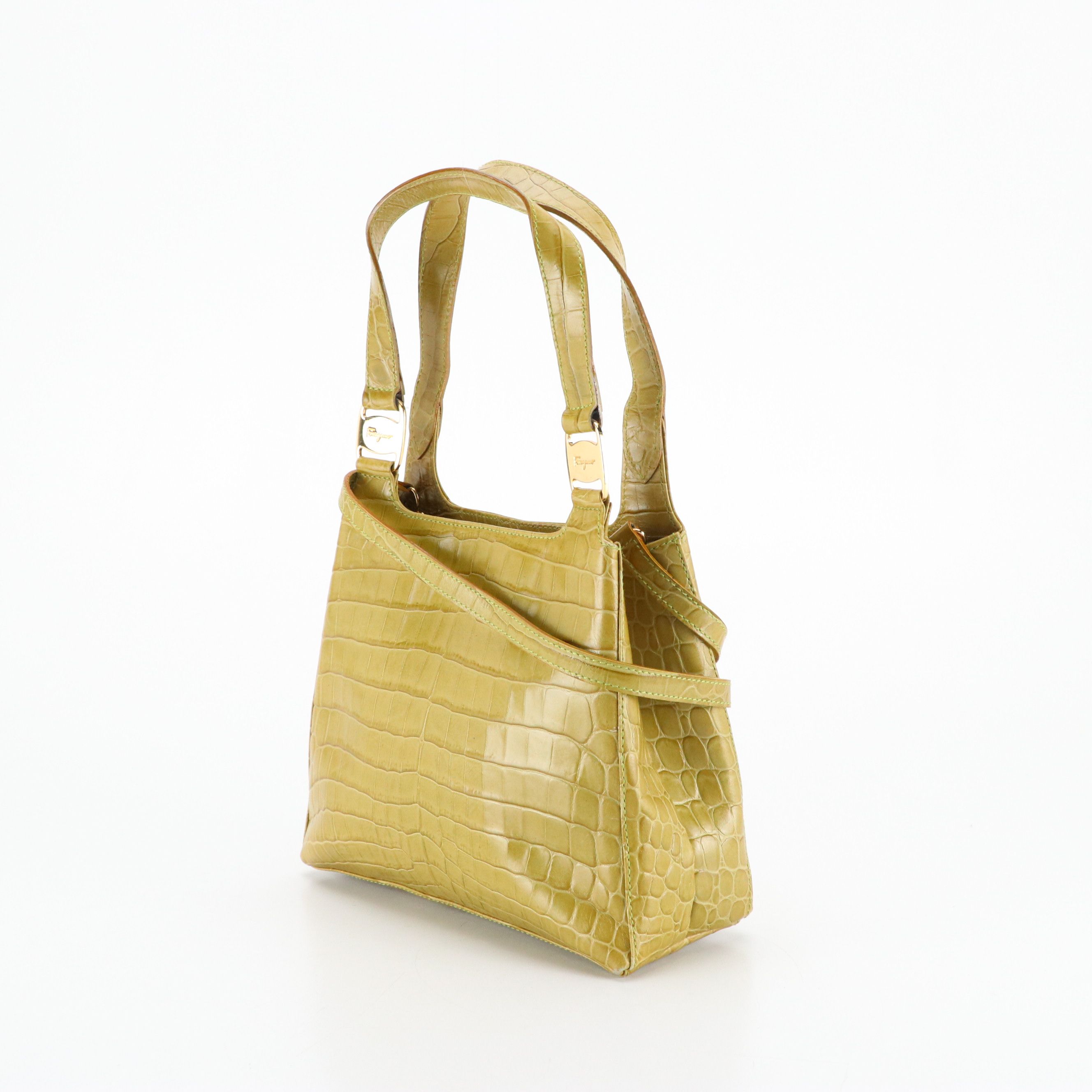 Salvatore Ferragamo Vara Handbag in Green Crocodile Embossed Leather