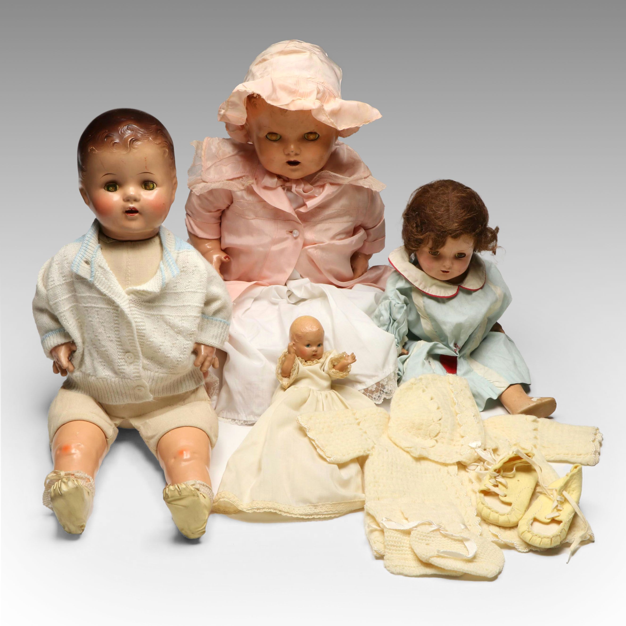 Baby Dolls with Crocheted Bonnet and Sweater, Early to Mid-20th Century