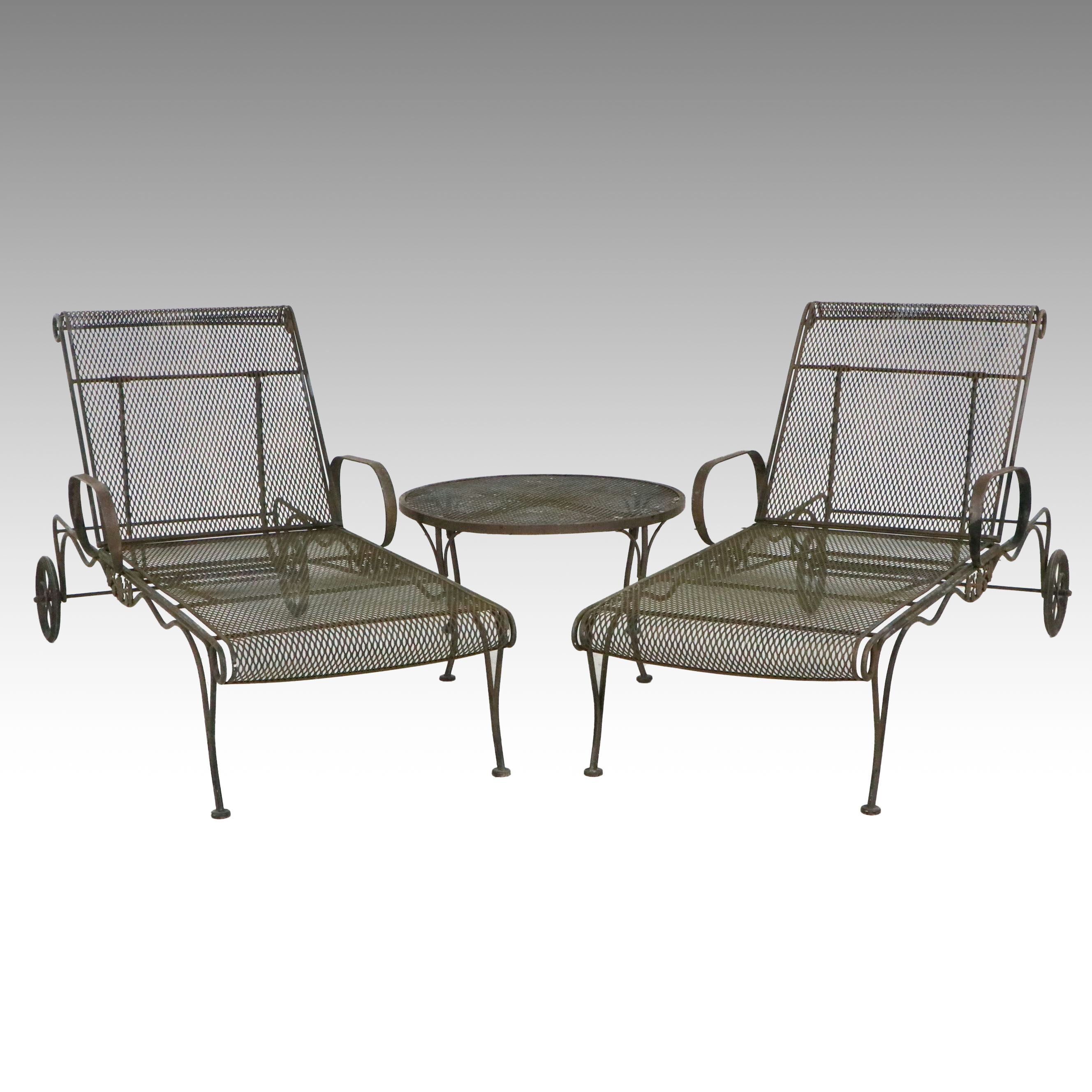 Pair of Wrought Iron Patio Chaise Lounges with Accent Table