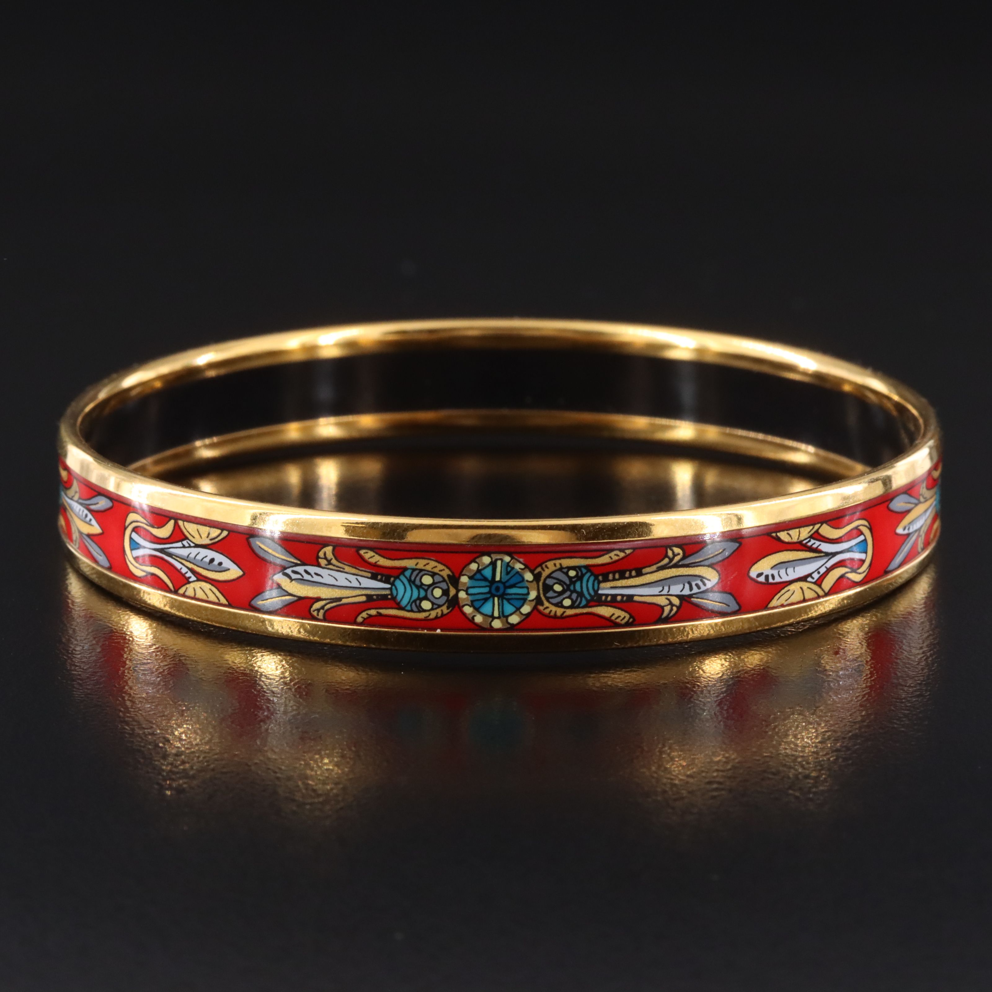 Hermès Red Wheat Motif Enamel Narrow Bangle
