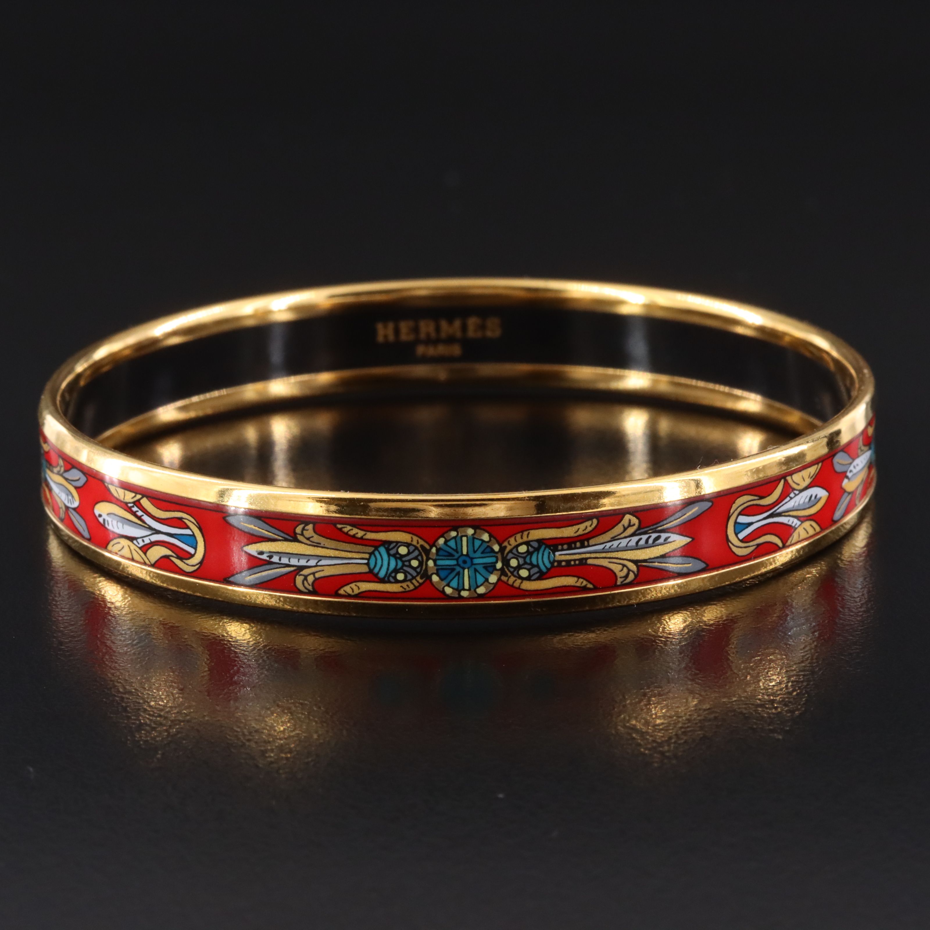 Hermès Red Wheat Motif Enamel Narrow Bangle