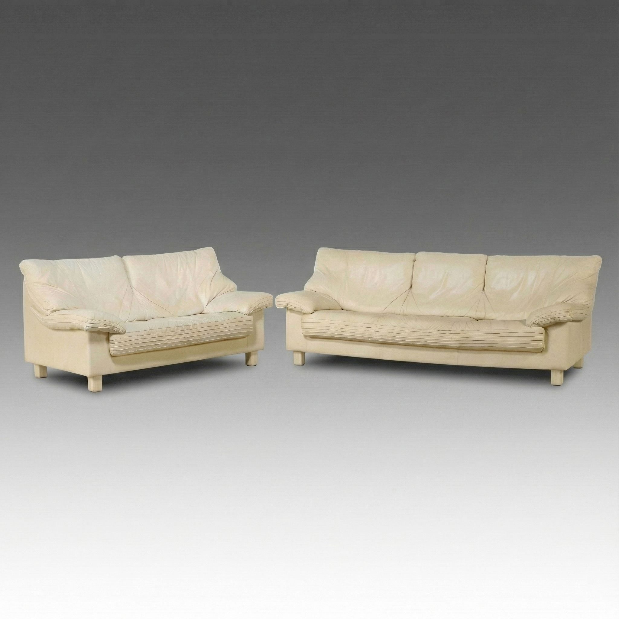 Italian Modernist Style Cream Leather Upholstered Sofa and Loveseat