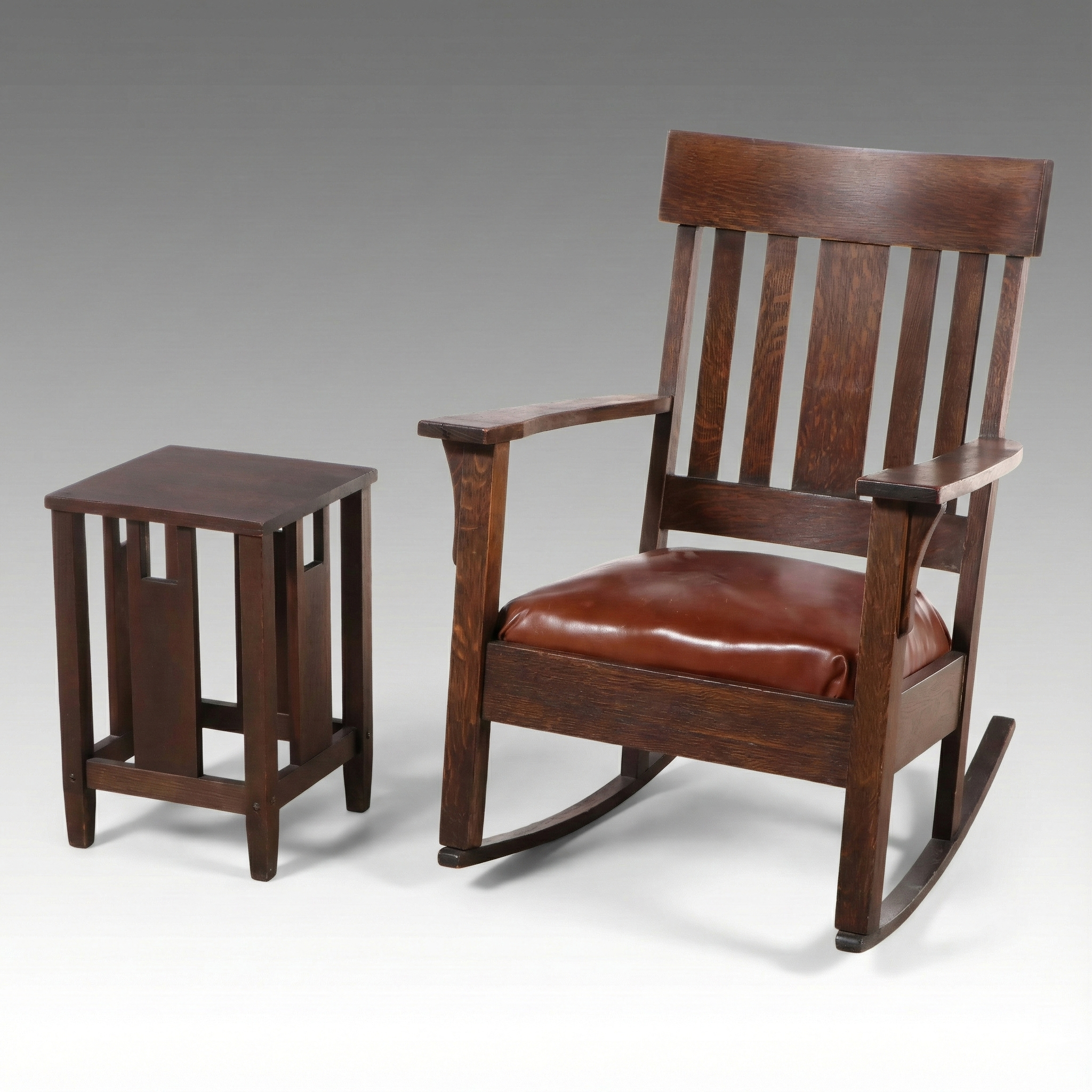 Arts & Crafts Style Oak and Leather Rocking Chair and End Table, 20th Century