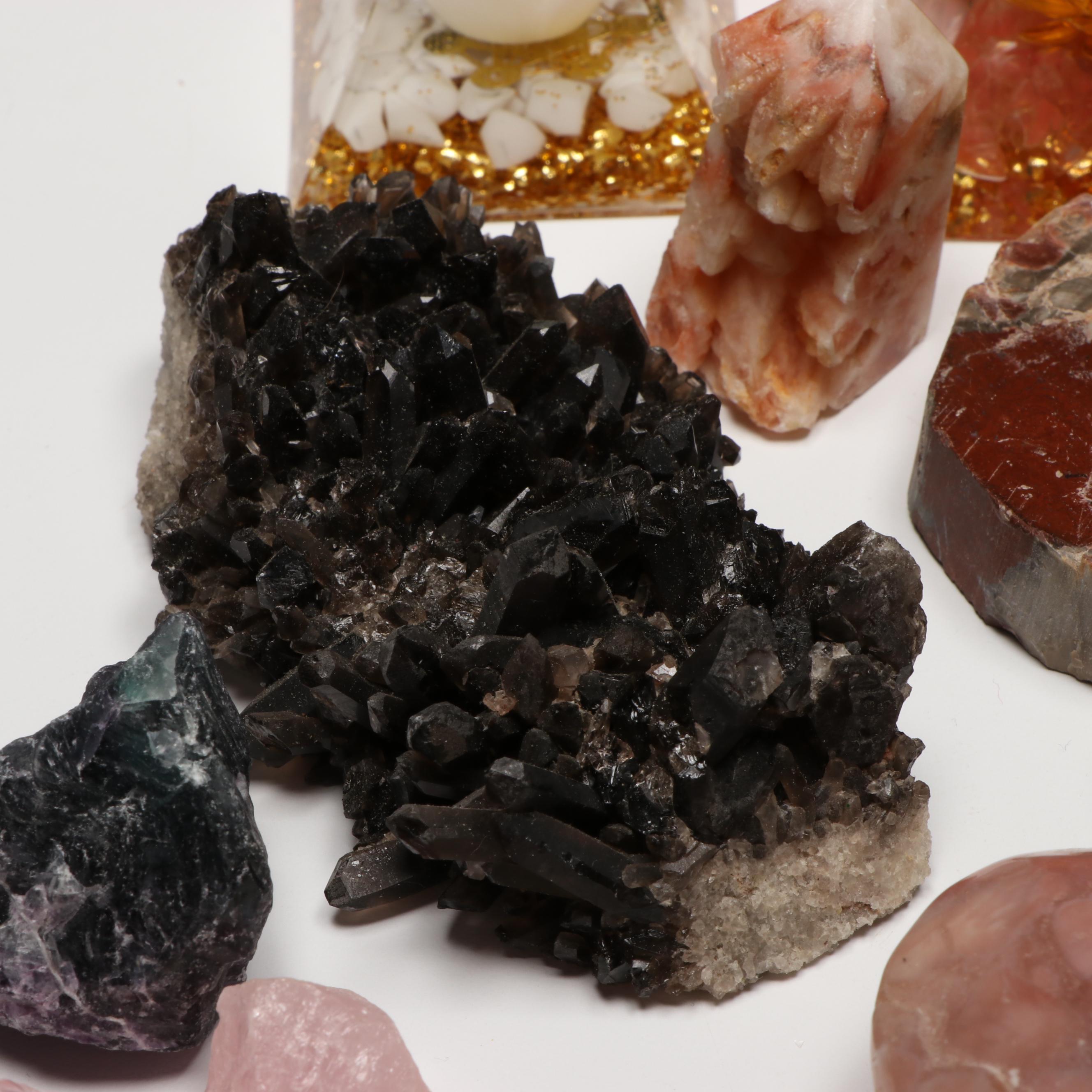 Rhodochrosite, Smoky Quartz and Citrine Geodes with Other Gemstones