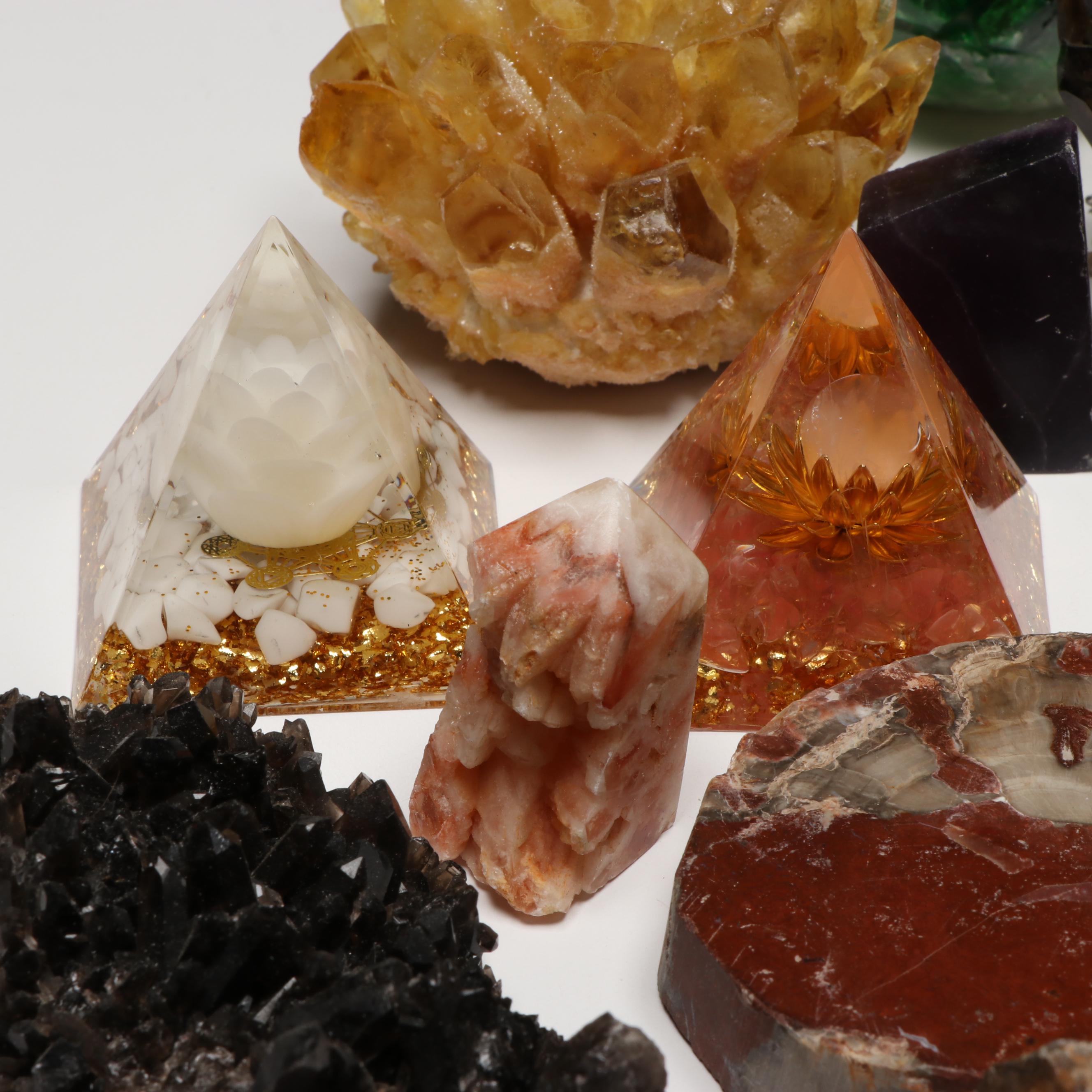 Rhodochrosite, Smoky Quartz and Citrine Geodes with Other Gemstones
