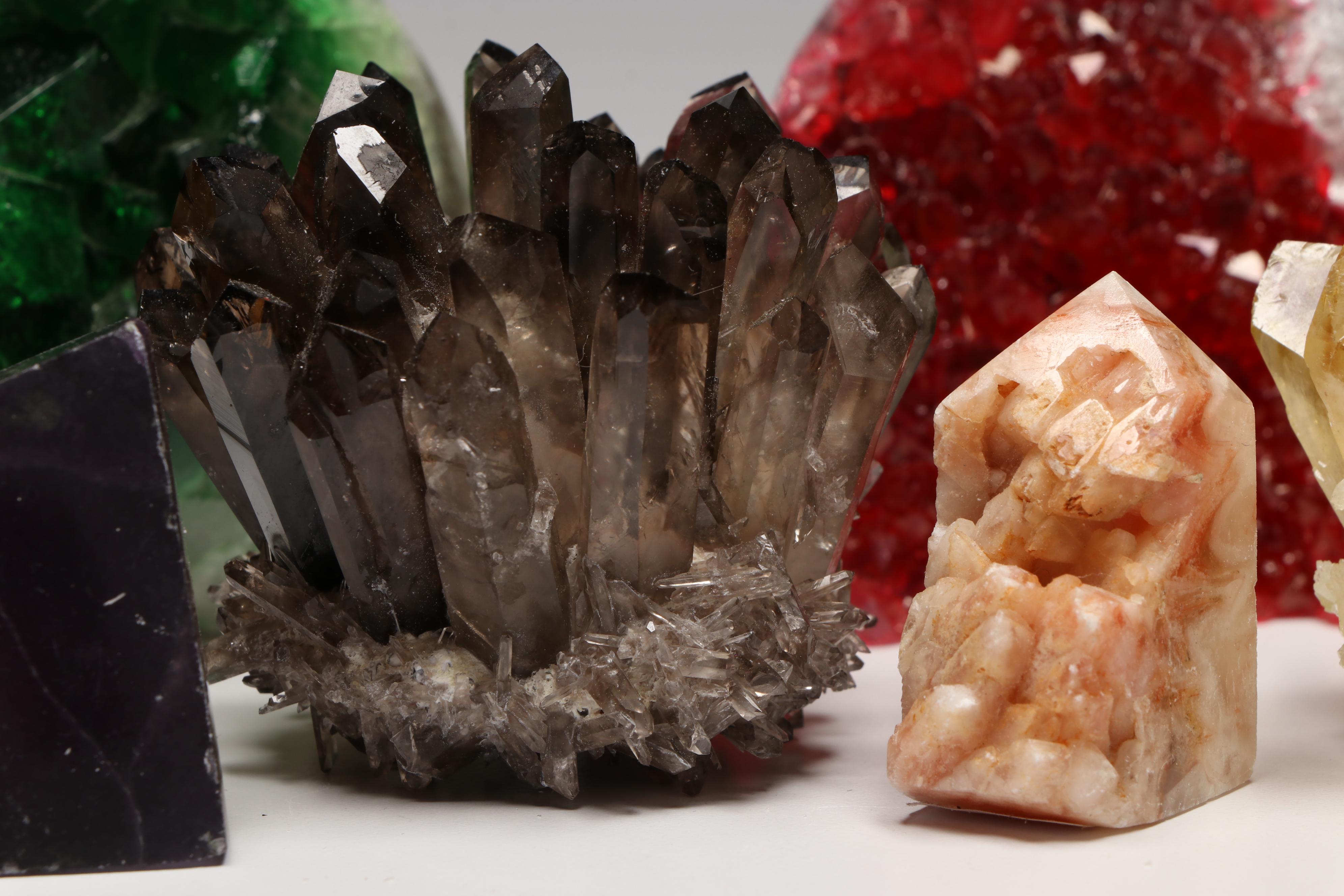 Rhodochrosite, Smoky Quartz and Citrine Geodes with Other Gemstones