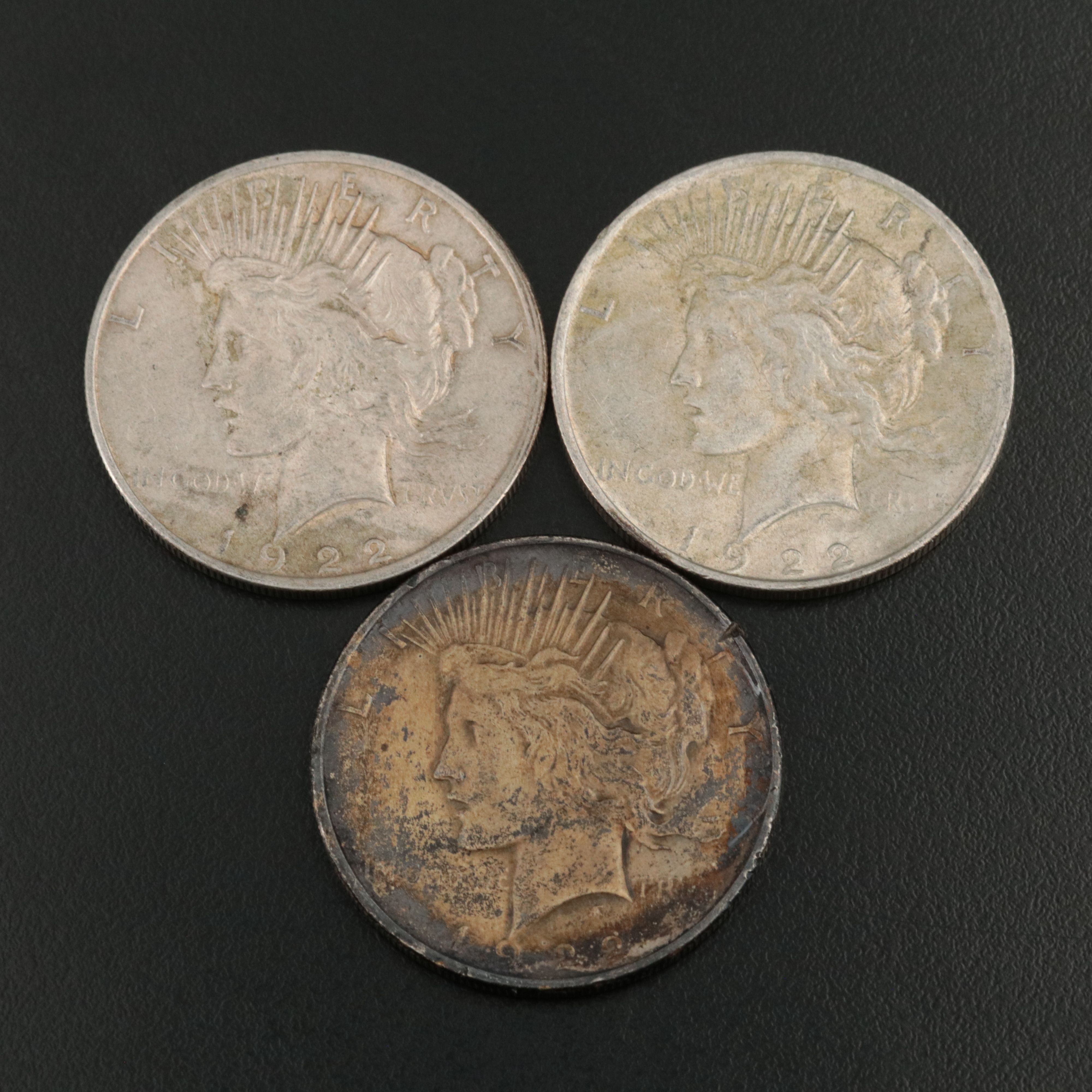 Three 1922 Peace Silver Dollars