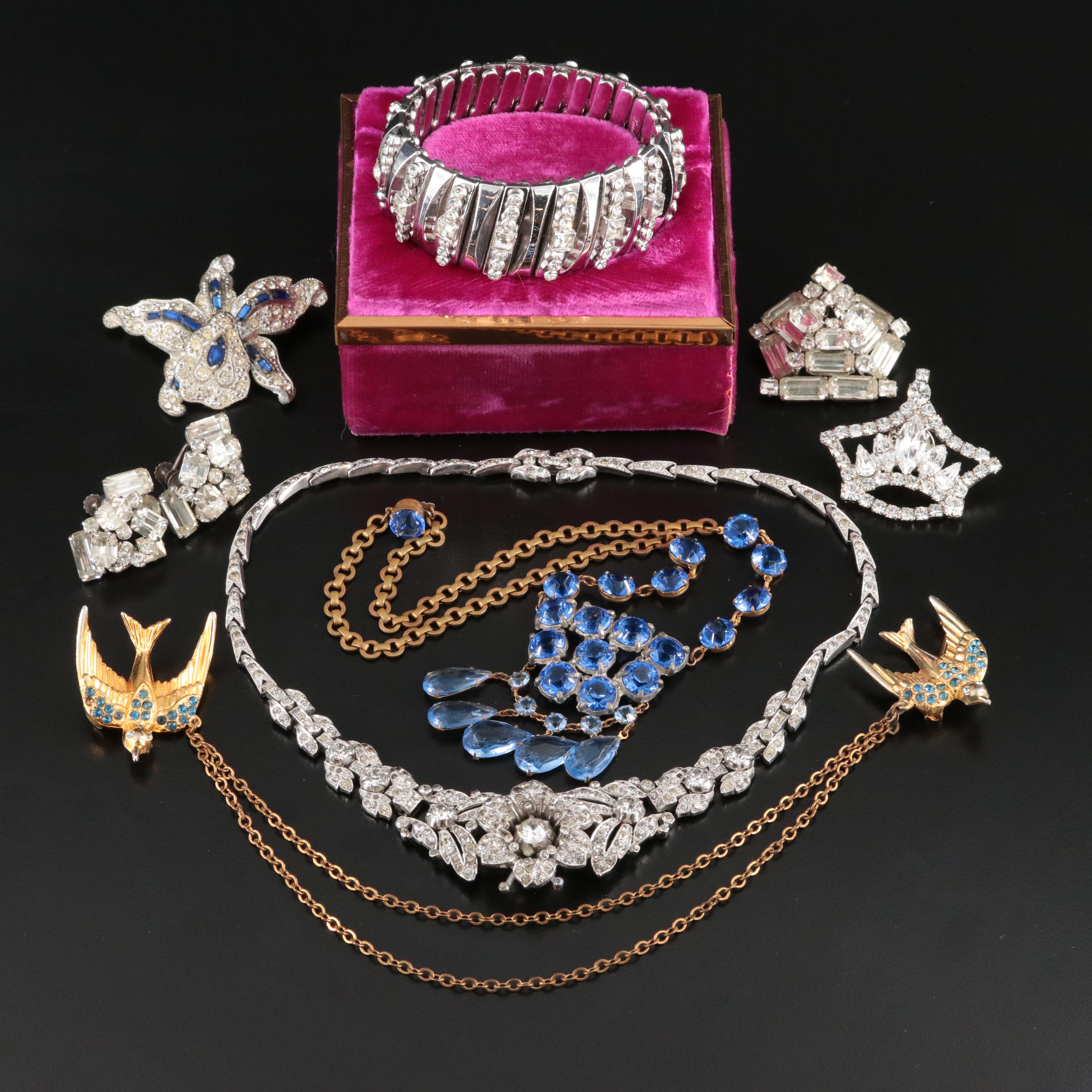 Crystal and Rhinestone Collection Including Trembler Necklace and Brooch