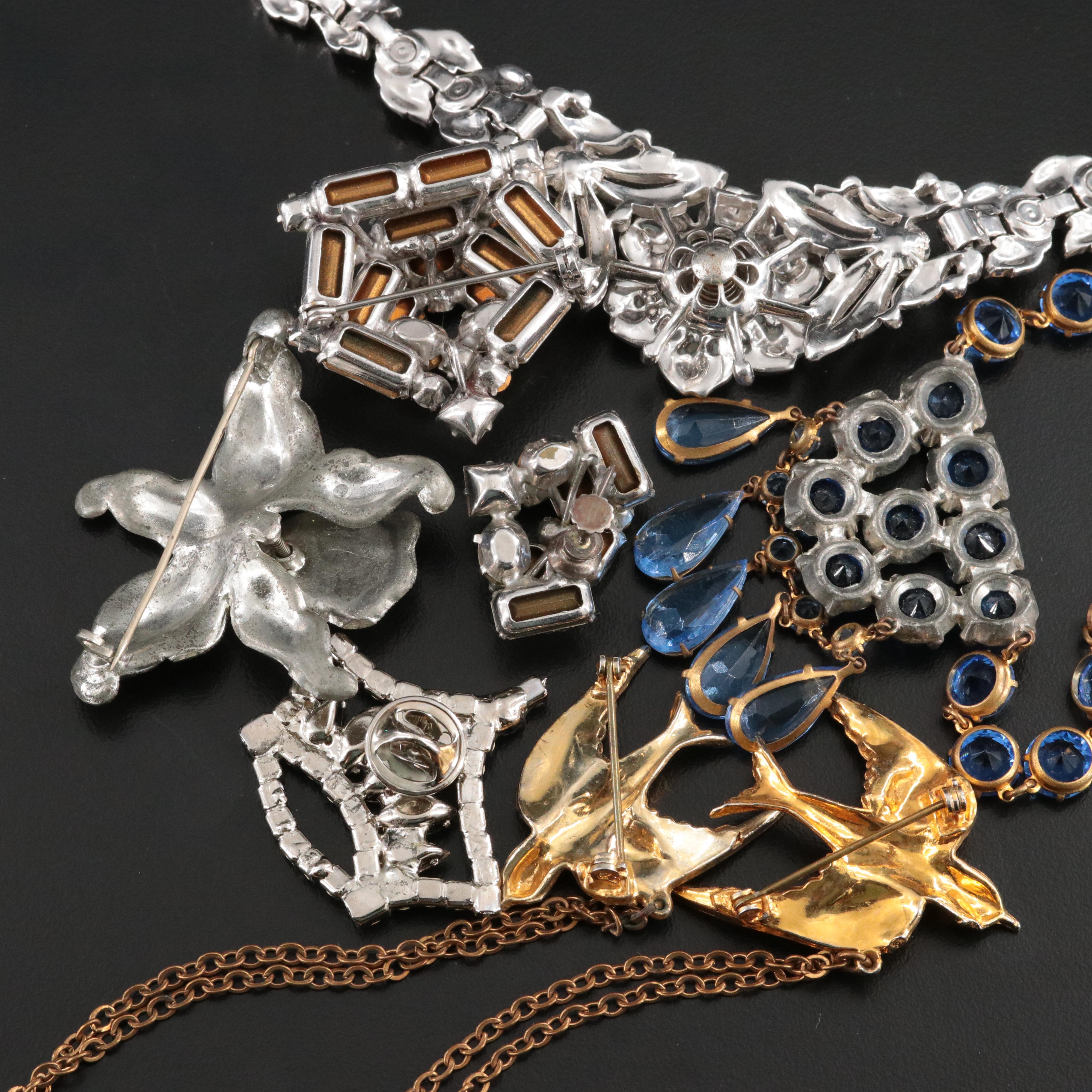 Crystal and Rhinestone Collection Including Trembler Necklace and Brooch