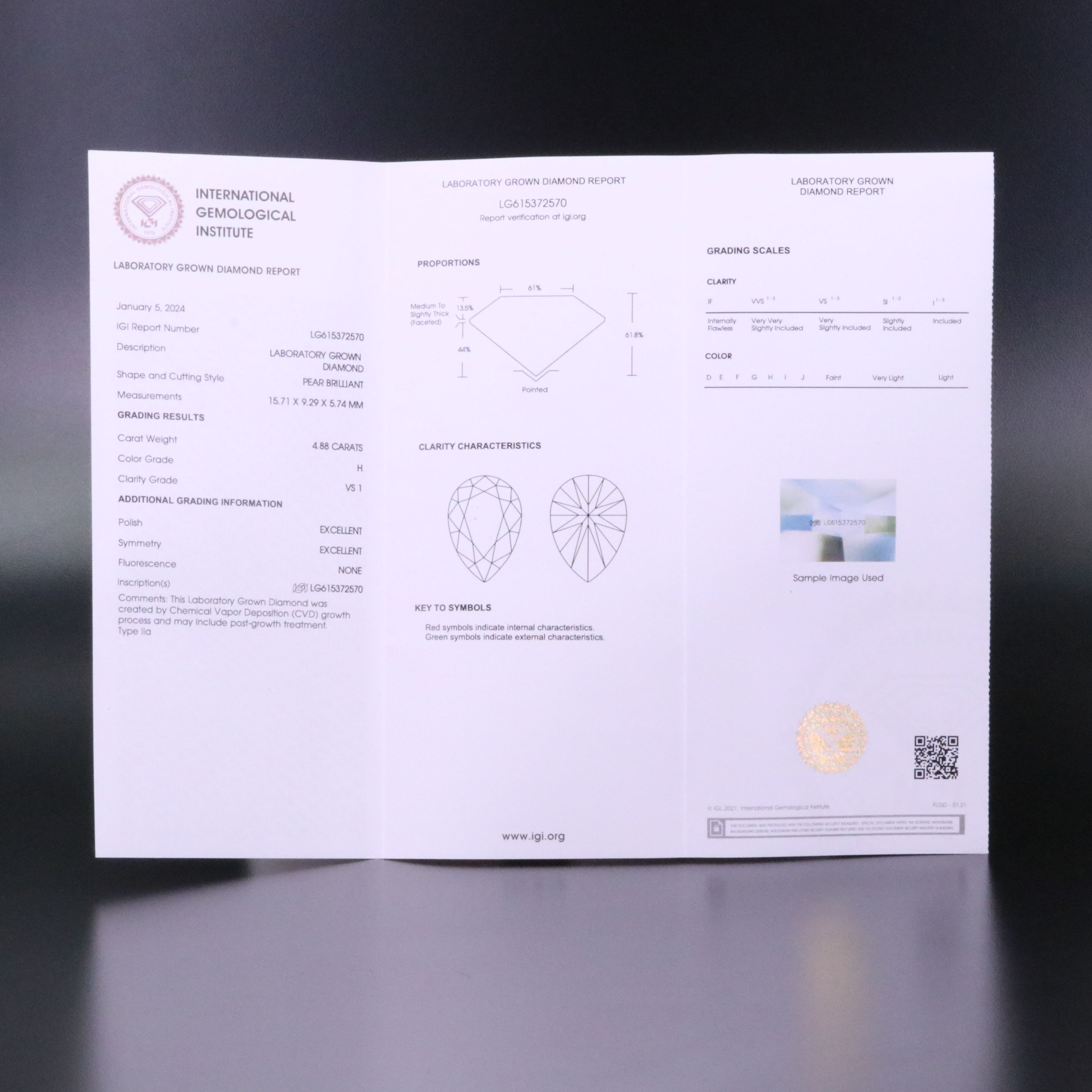 Loose 4.88 CT Lab Grown Diamond with IGI Report