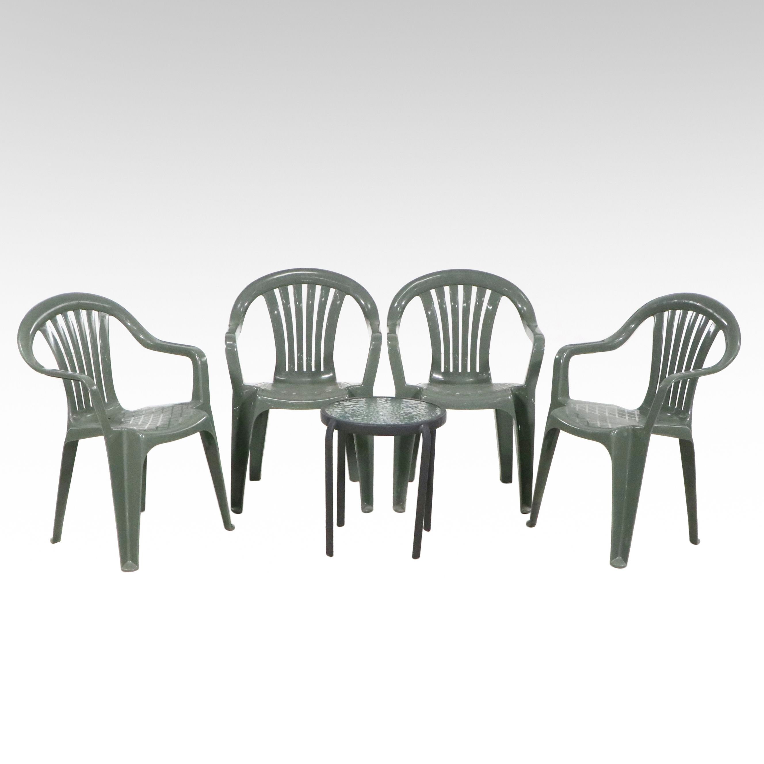 Molded Plastic Outdoor Chairs with Glass Top Side Table