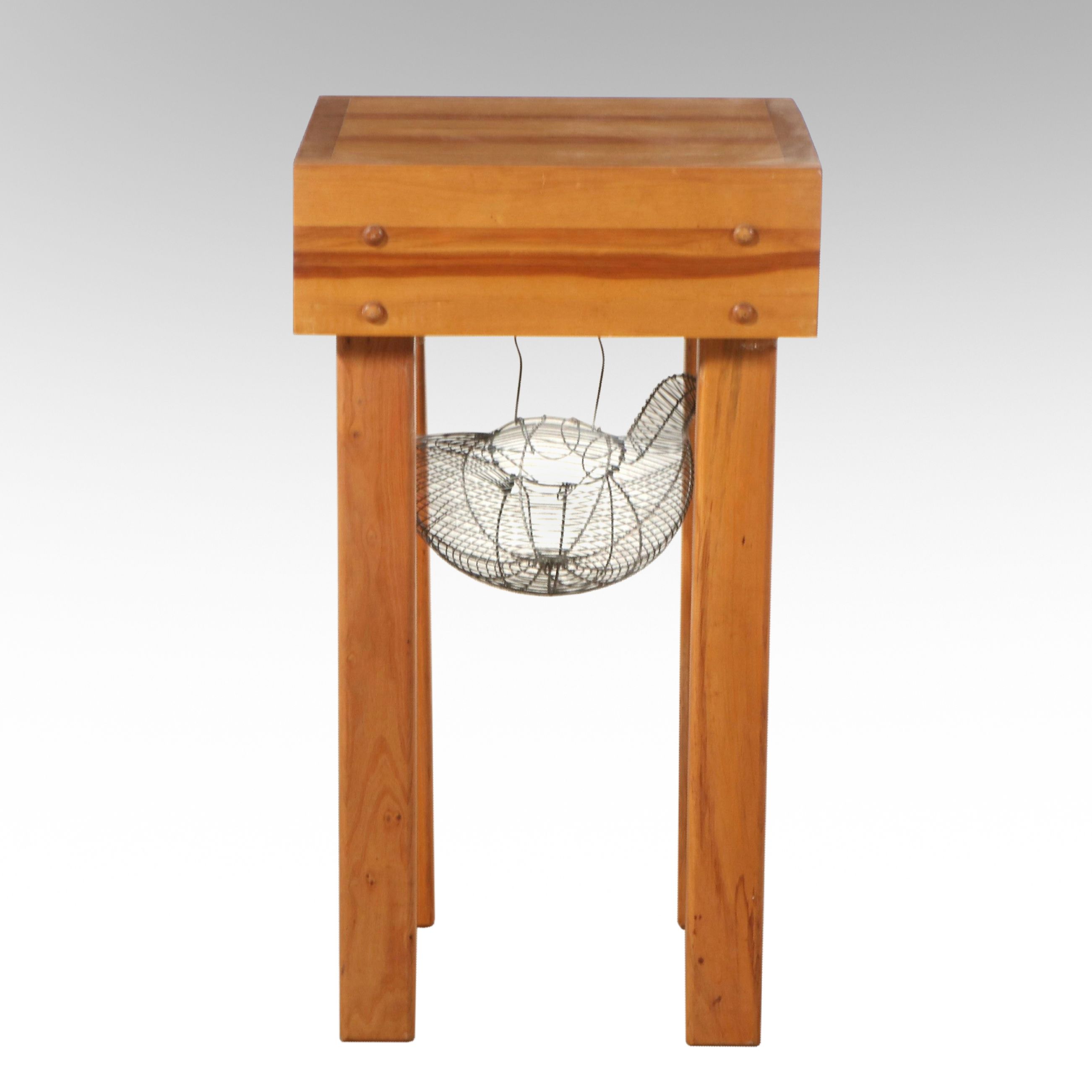 Wooden Butcher Block with Metal Hen-Shaped Egg Basket