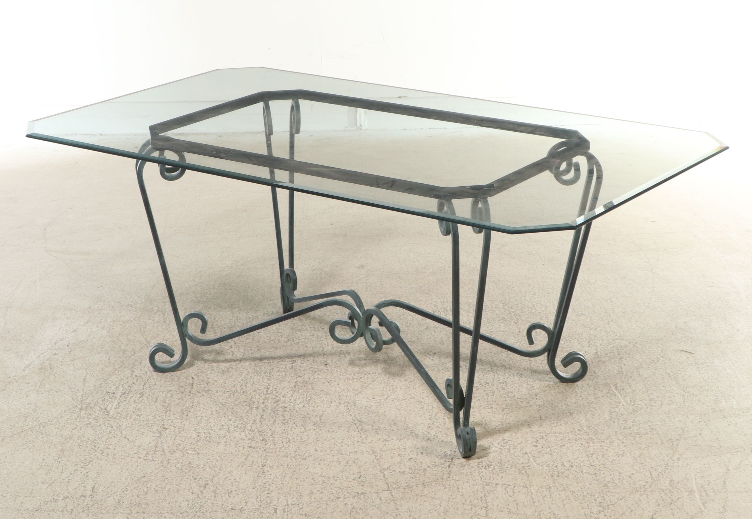 Art Nouveau Style Glass Top Dining Table with Scrolled Metal Base