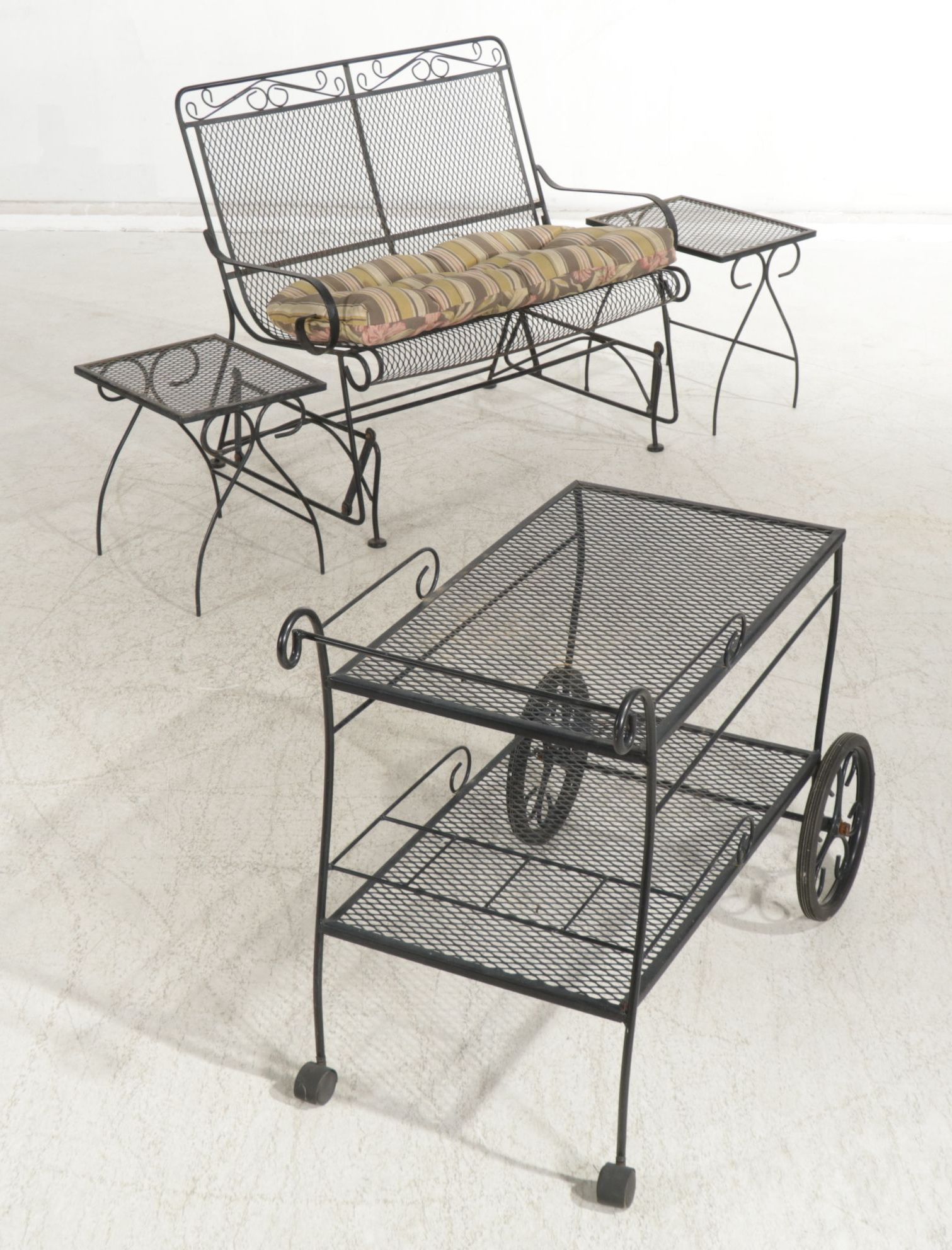 Metal Mesh Patio Glider Loveseat, Bar Cart, and Side Tables