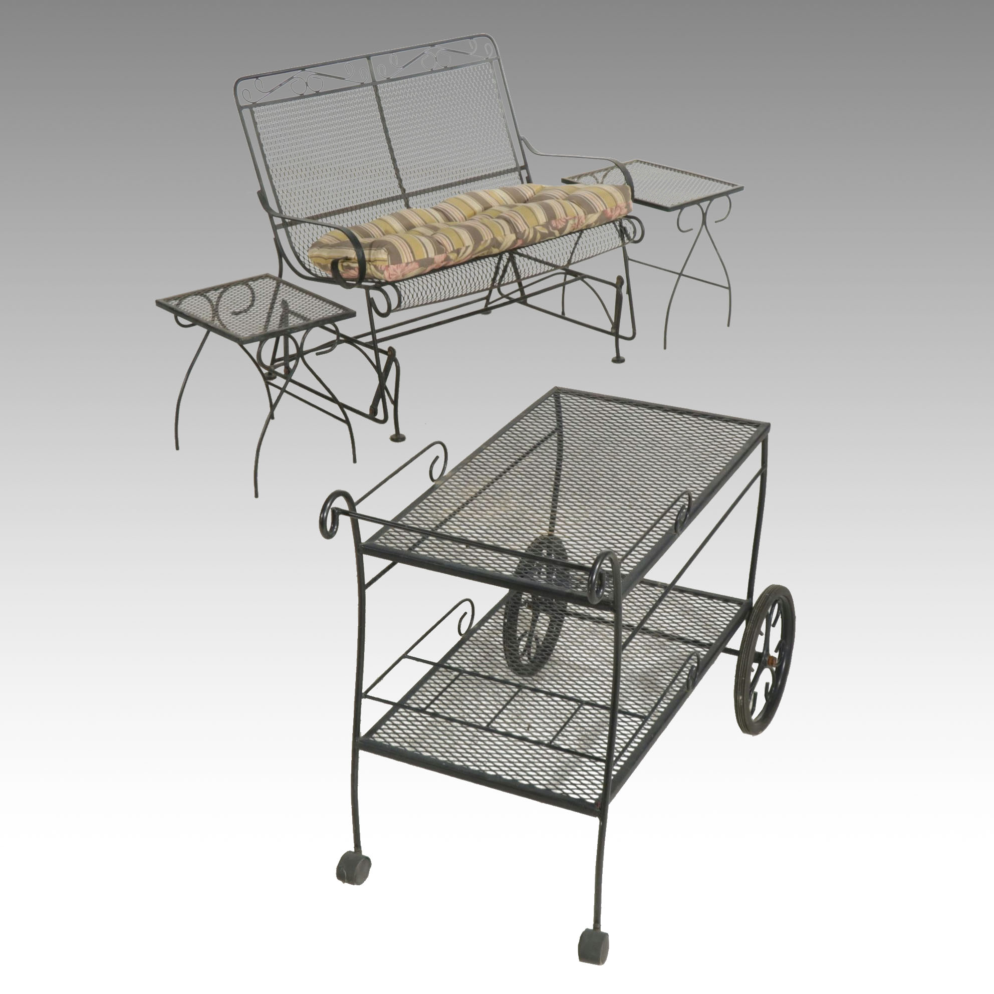 Metal Mesh Patio Glider Loveseat, Bar Cart, and Side Tables
