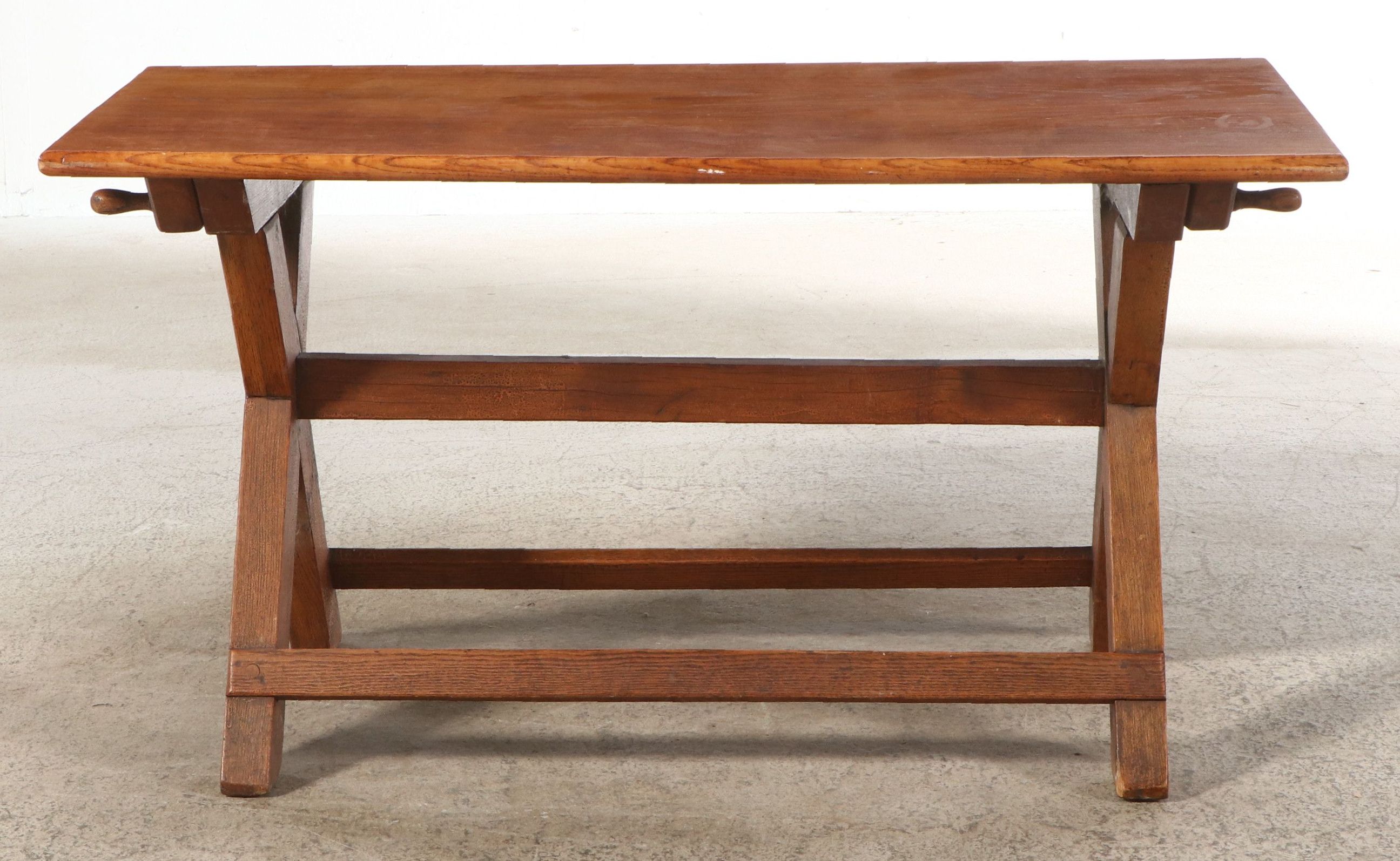 Primitive Style Oak Trestle Table, 20th Century