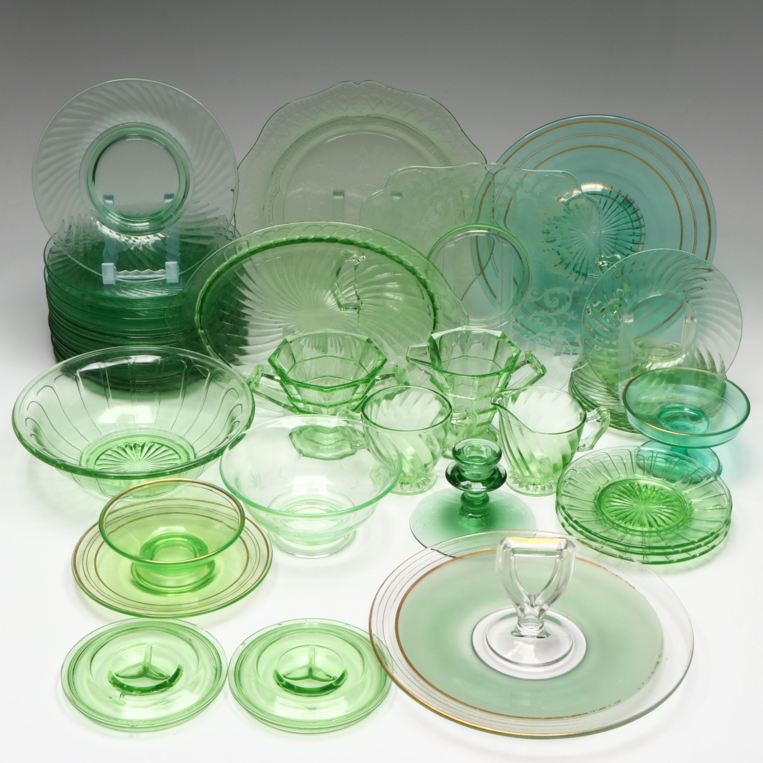 Art Deco Style Creamer and Sugar Bowl with More Uranium Glass Dinnerware