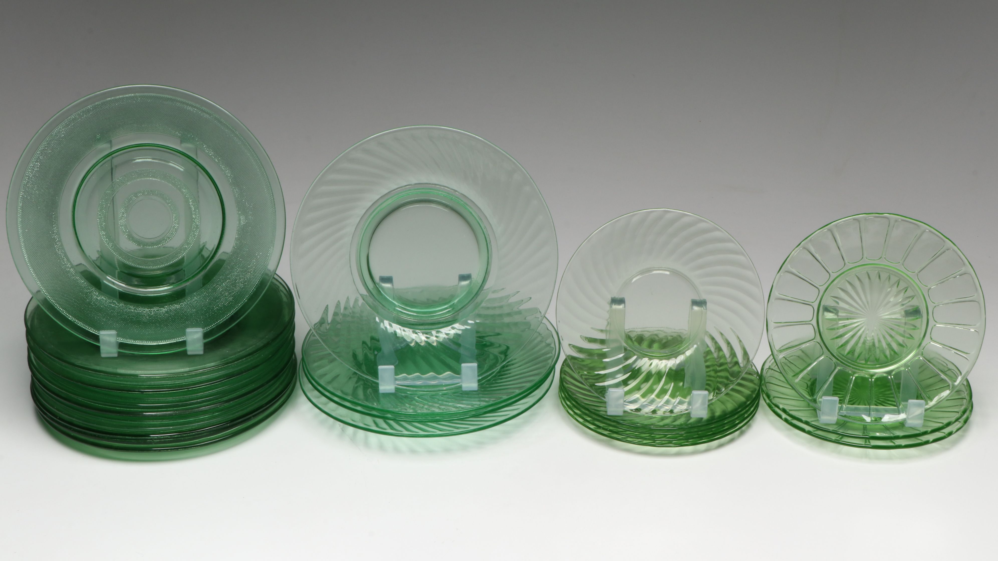 Art Deco Style Creamer and Sugar Bowl with More Uranium Glass Dinnerware