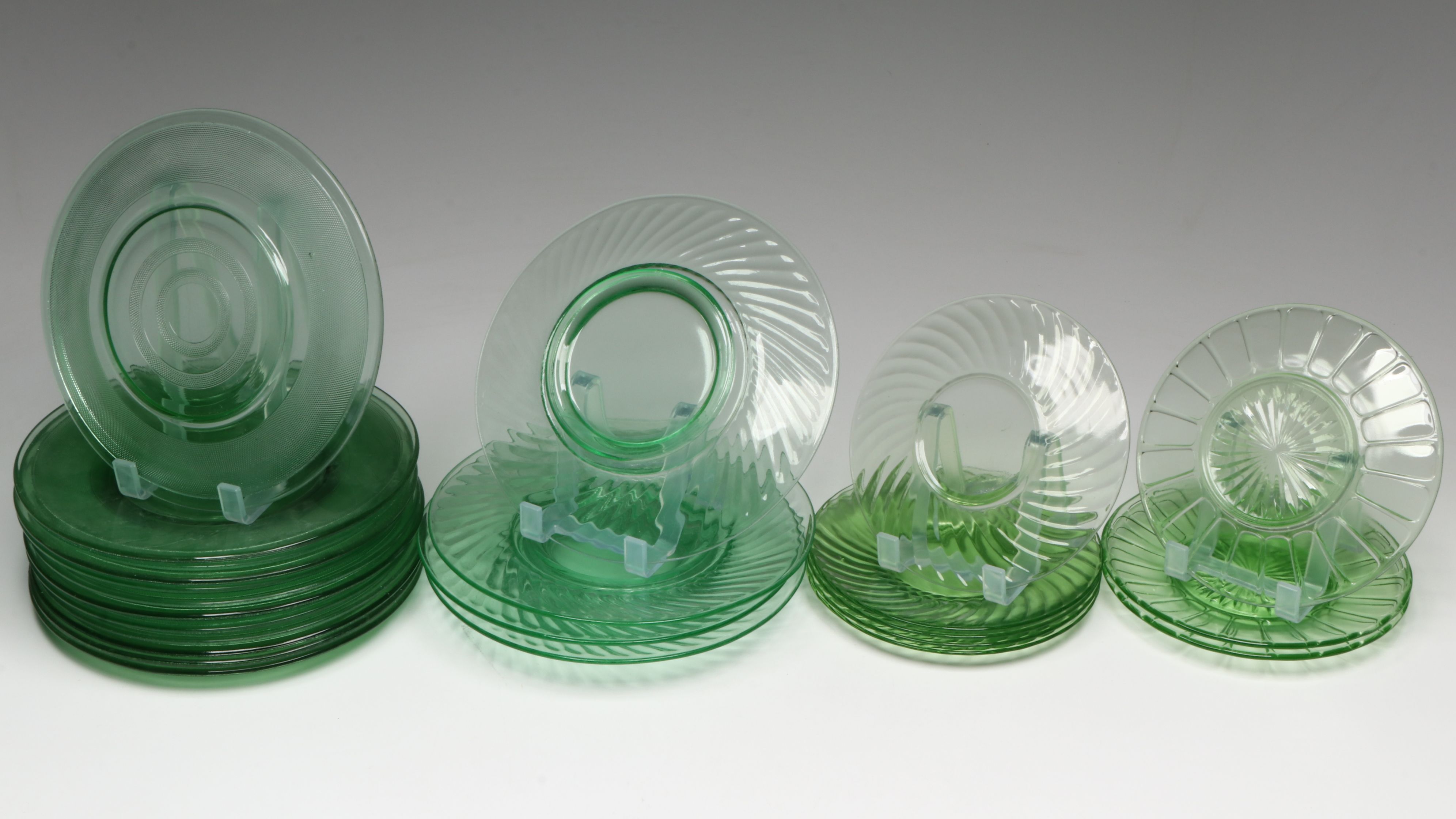 Art Deco Style Creamer and Sugar Bowl with More Uranium Glass Dinnerware